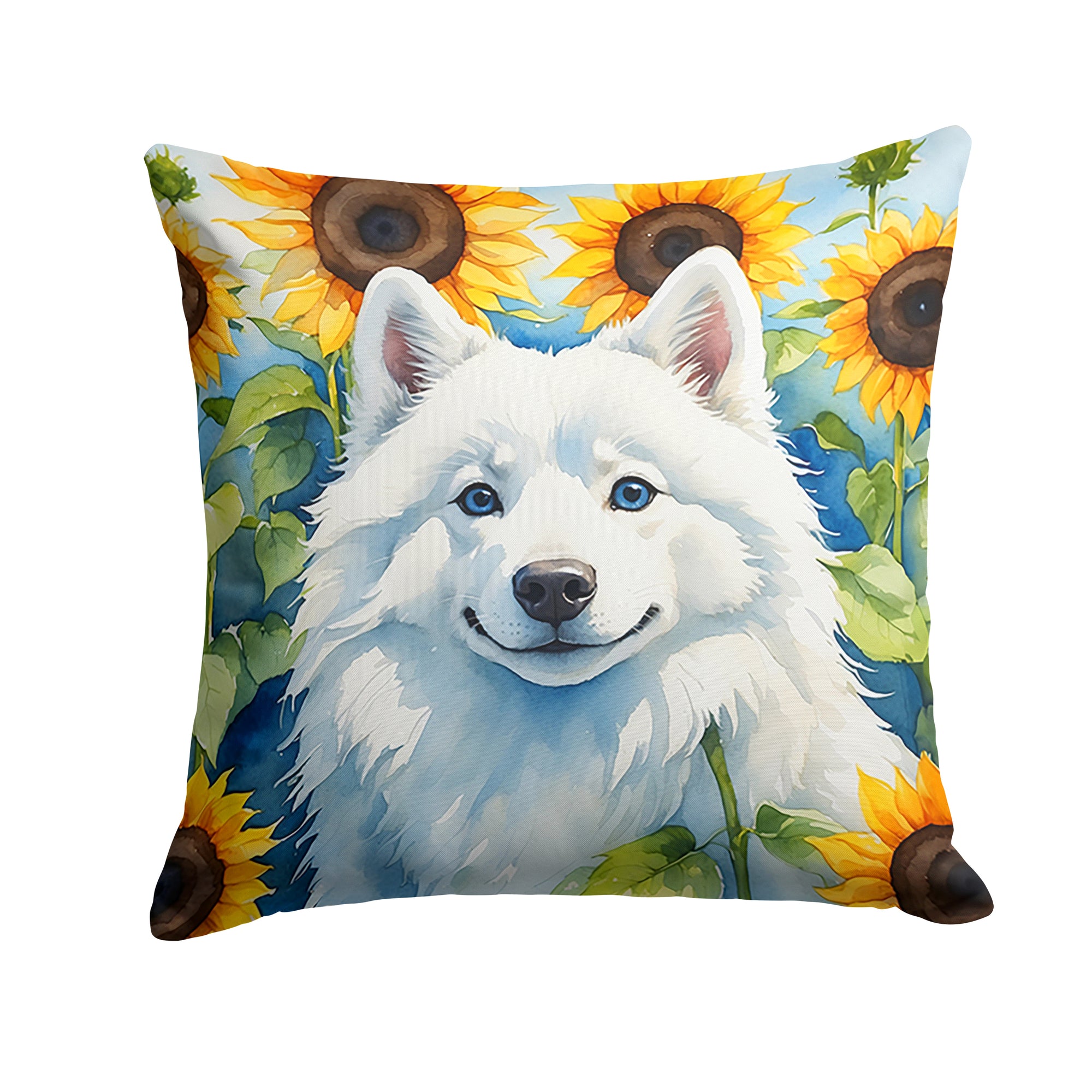 Buy this American Eskimo in Sunflowers Throw Pillow