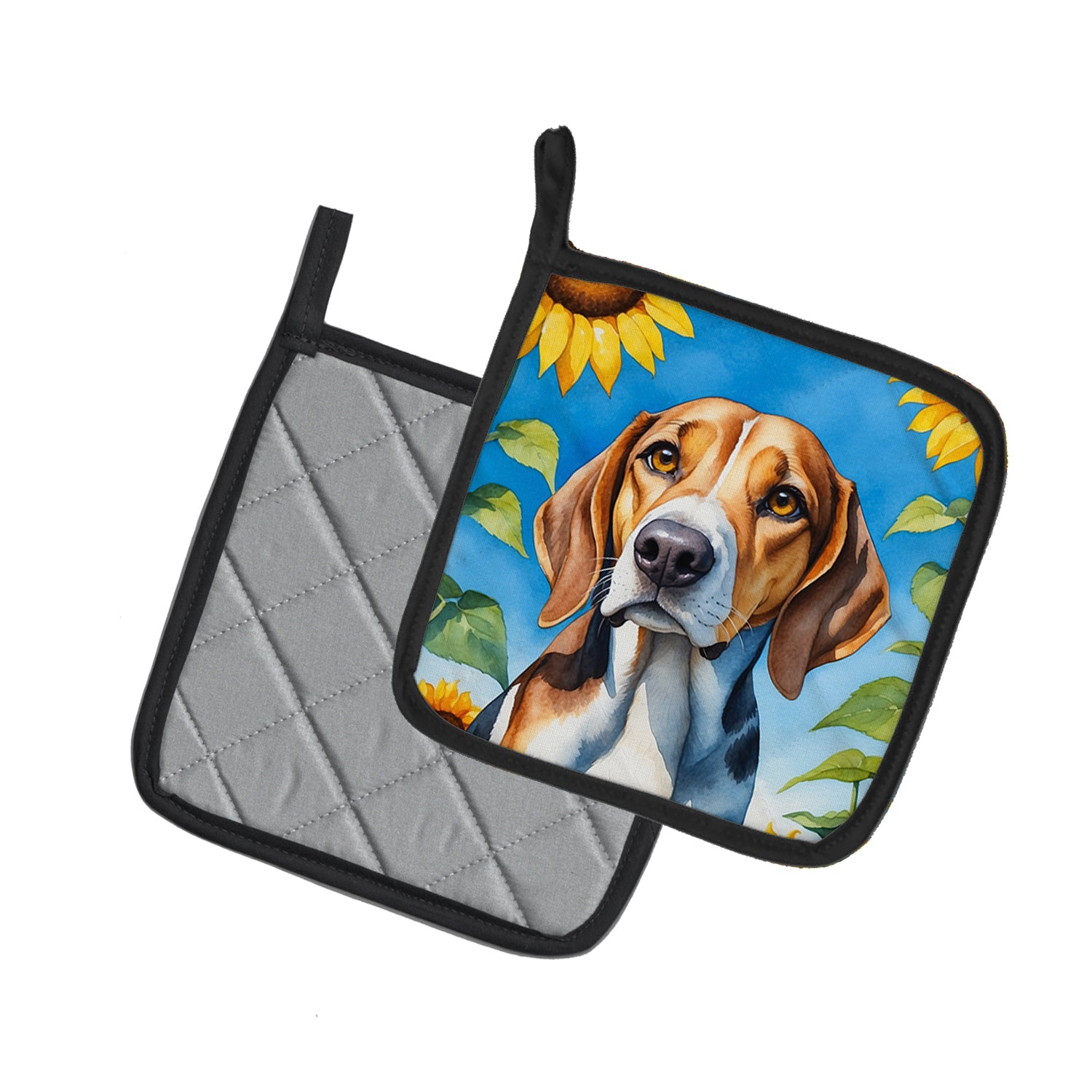 American Foxhound in Sunflowers Pair of Pot Holders