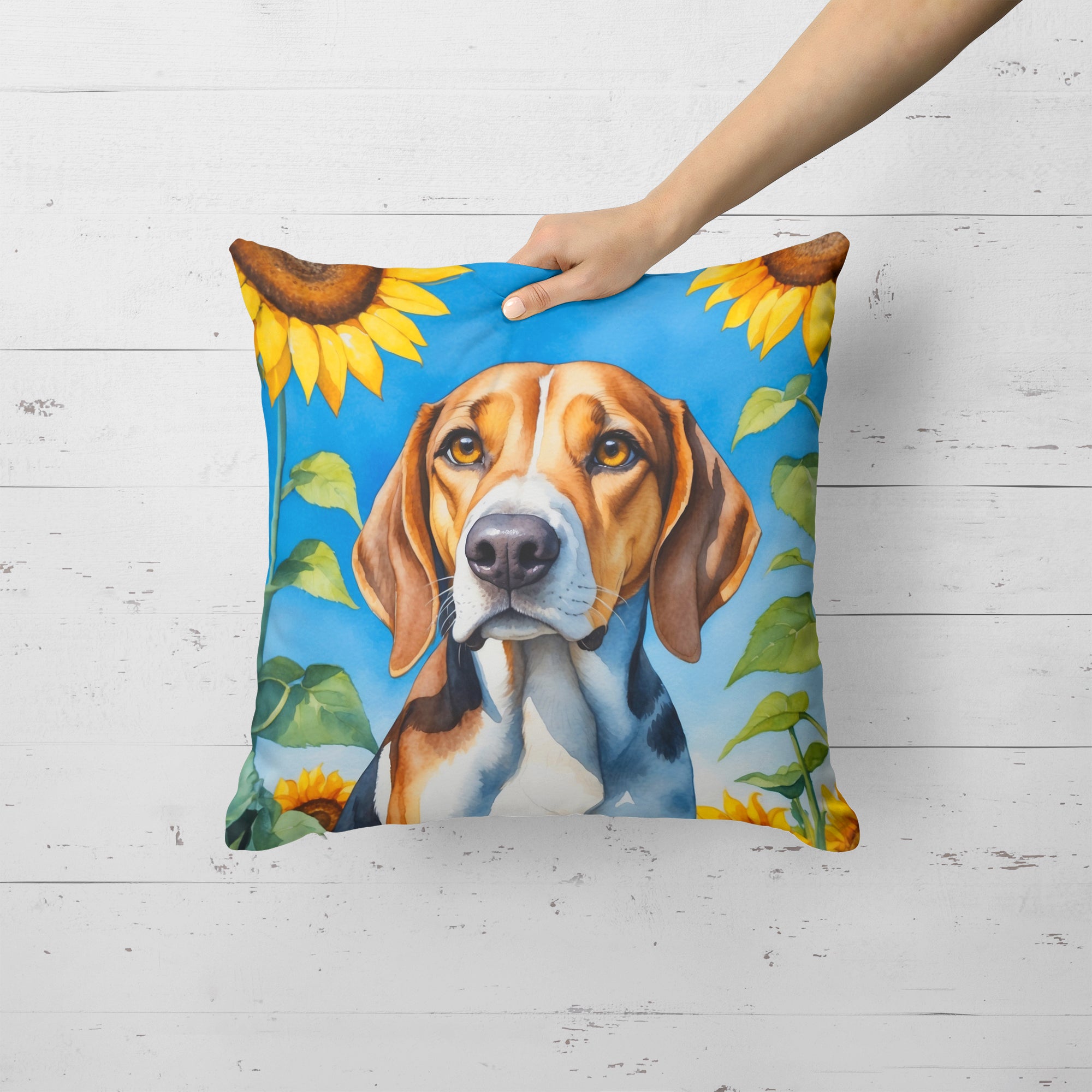 Buy this American Foxhound in Sunflowers Throw Pillow