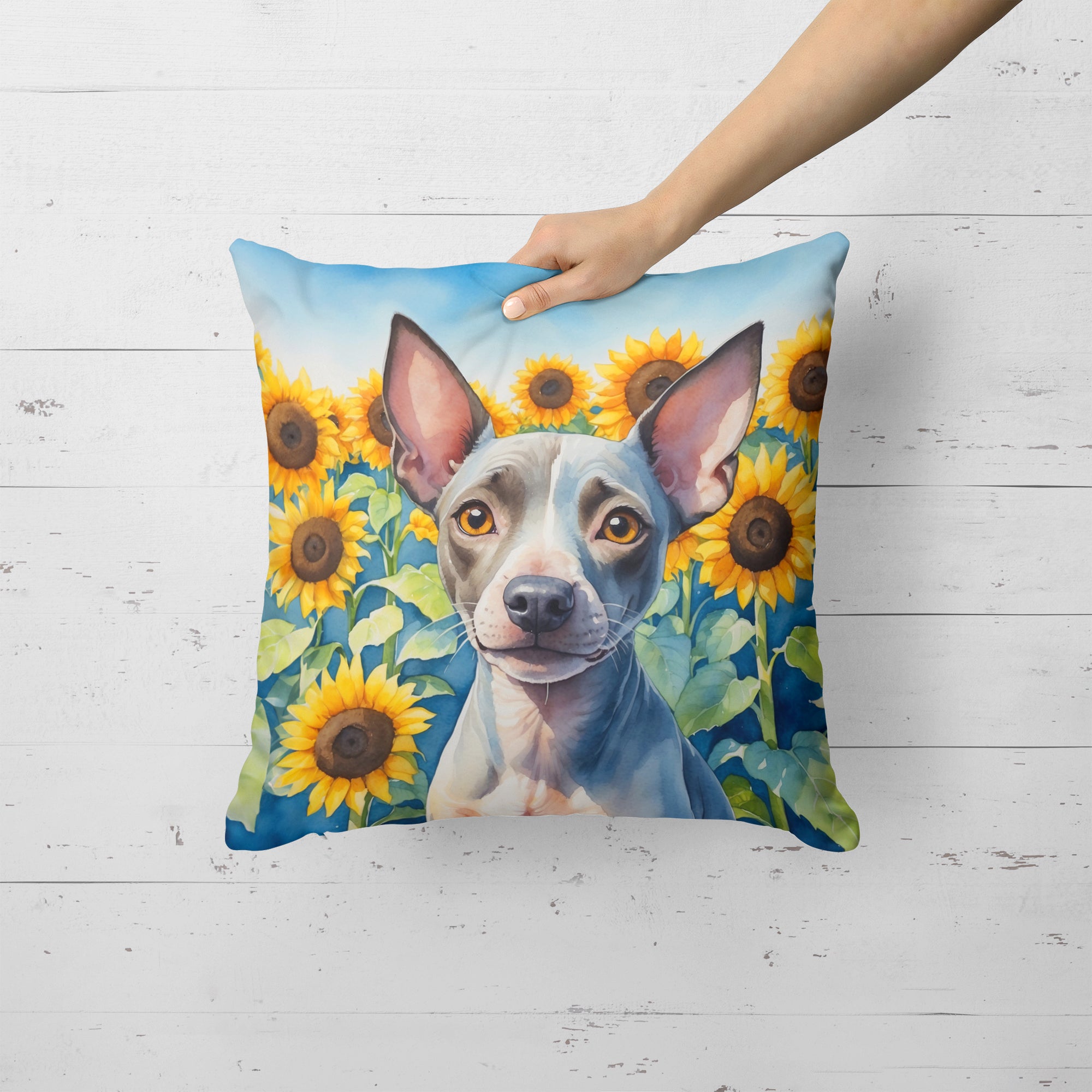 American Hairless Terrier in Sunflowers Throw Pillow