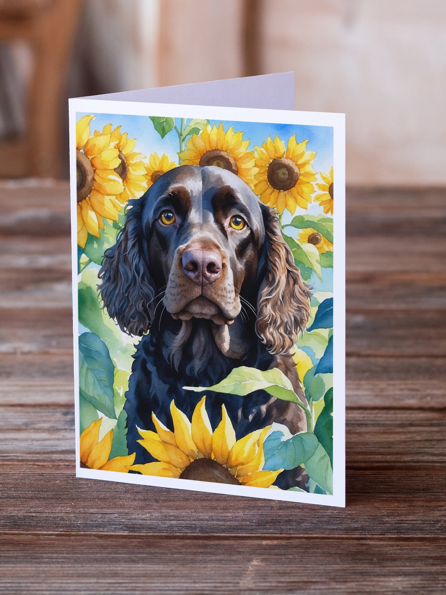 Buy this American Water Spaniel in Sunflowers Greeting Cards Pack of 8