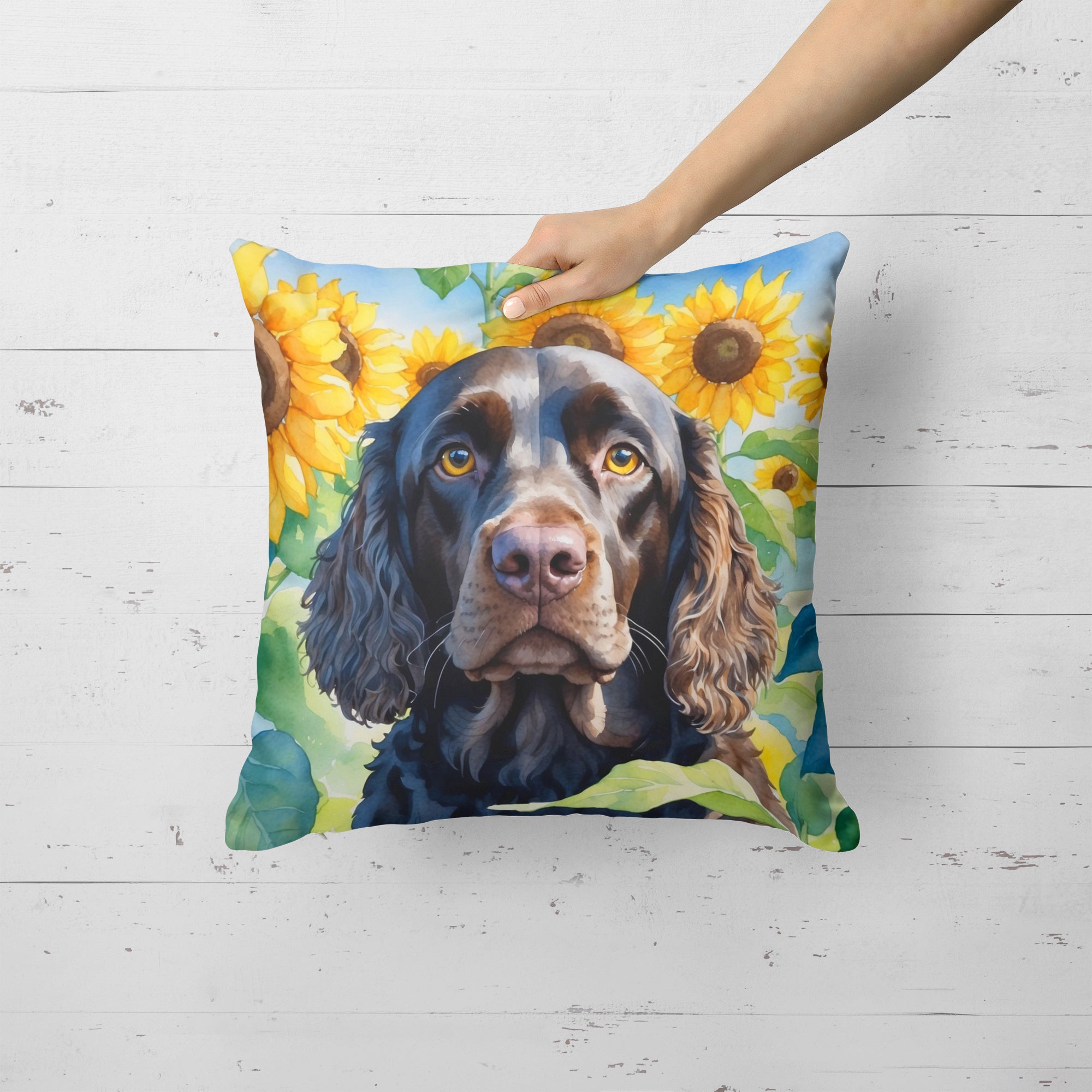 American Water Spaniel in Sunflowers Throw Pillow