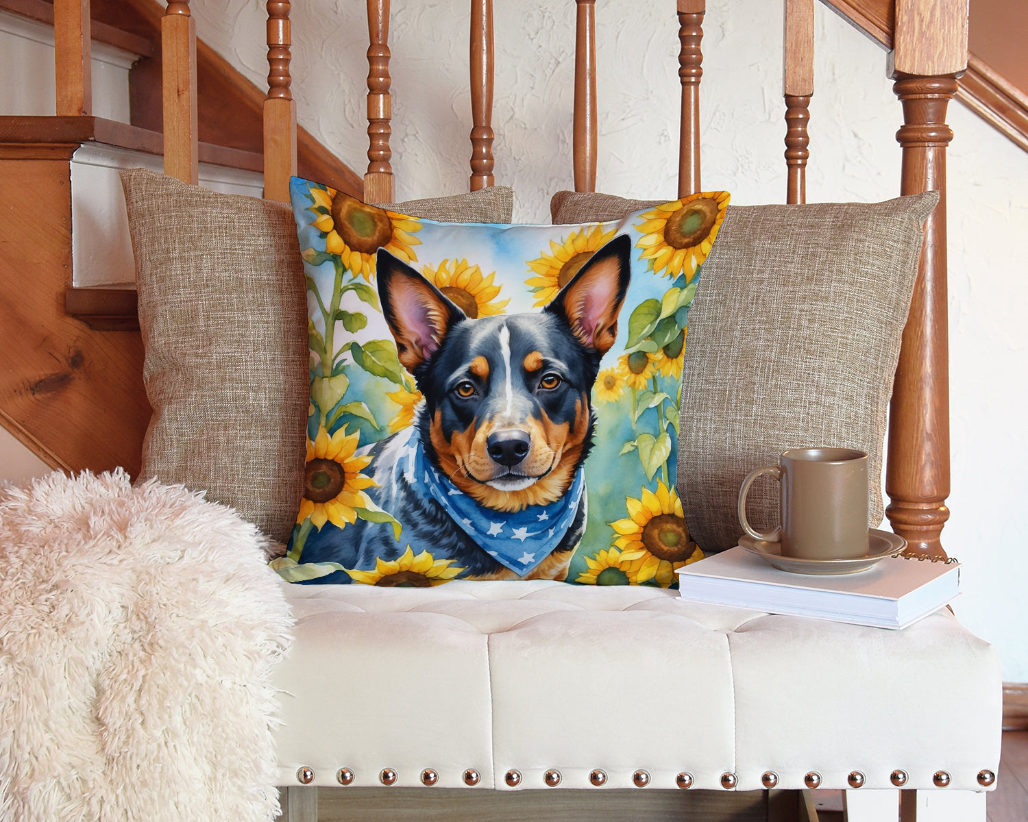 Australian Cattle Dog in Sunflowers Throw Pillow