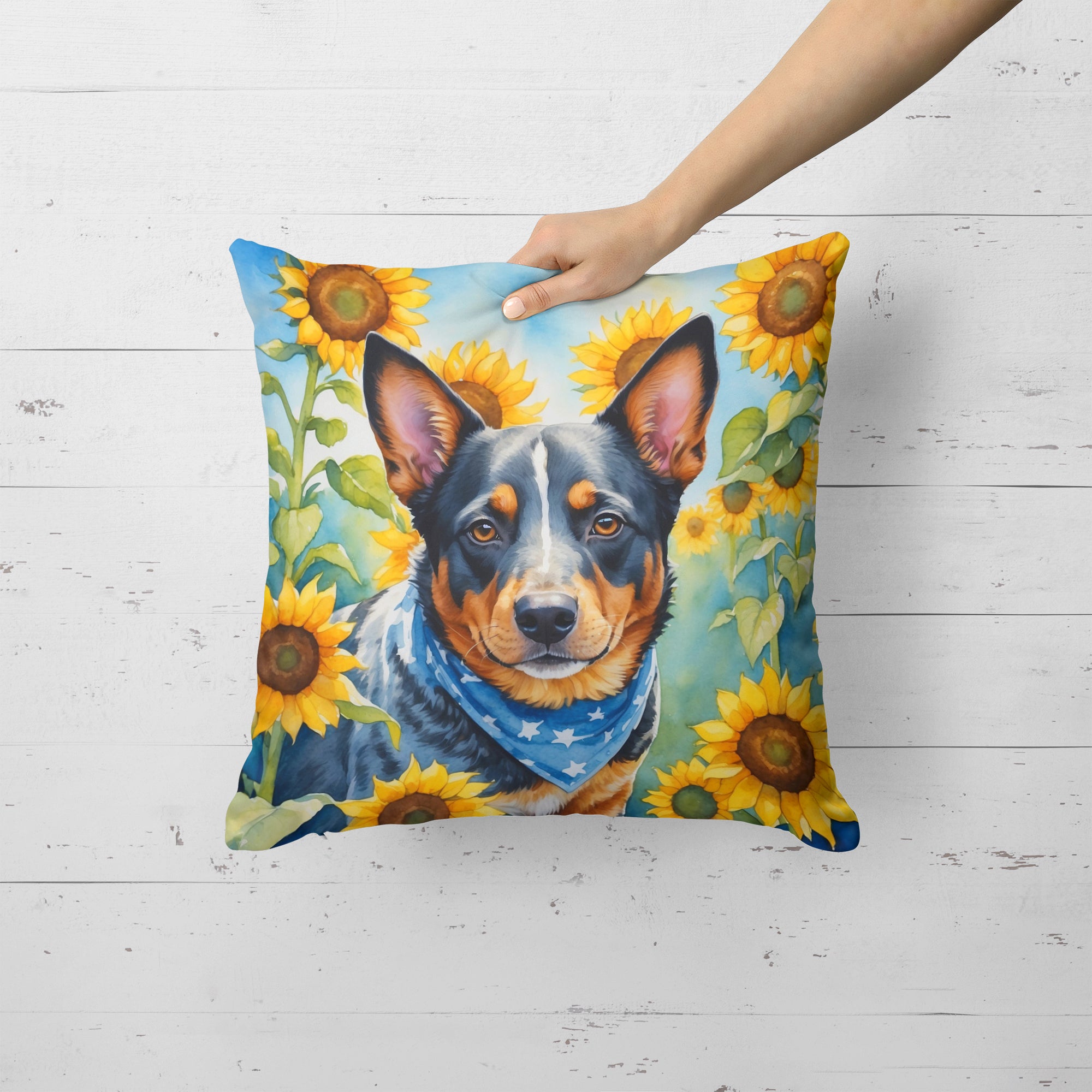Buy this Australian Cattle Dog in Sunflowers Throw Pillow
