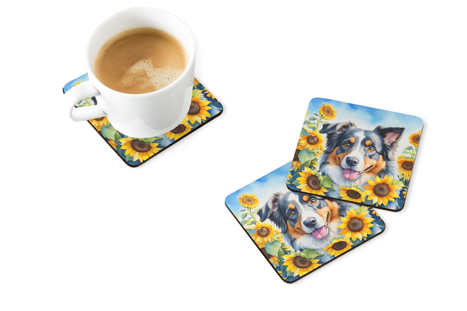 Buy this Australian Shepherd in Sunflowers Foam Coasters