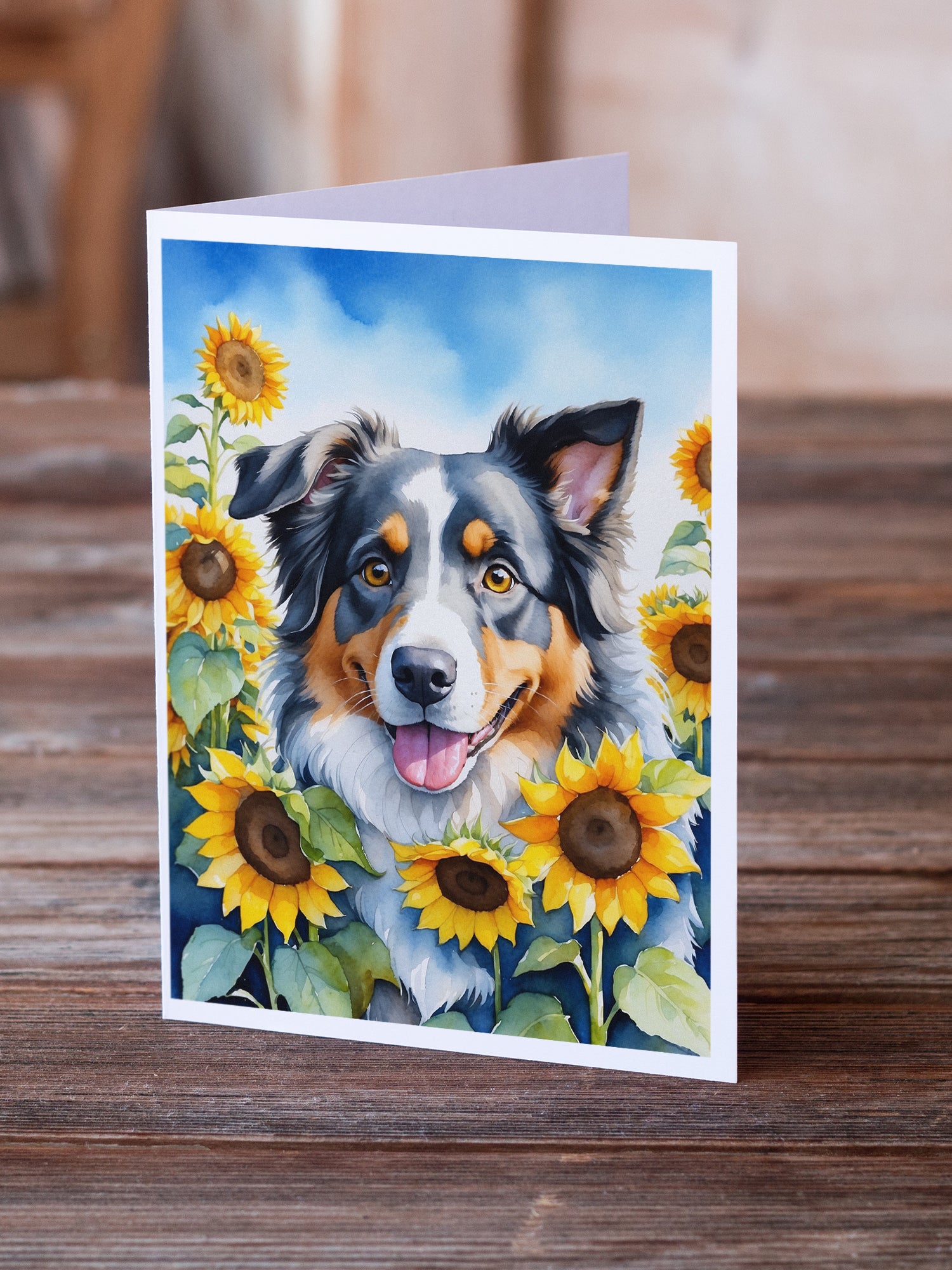 Buy this Australian Shepherd in Sunflowers Greeting Cards Pack of 8