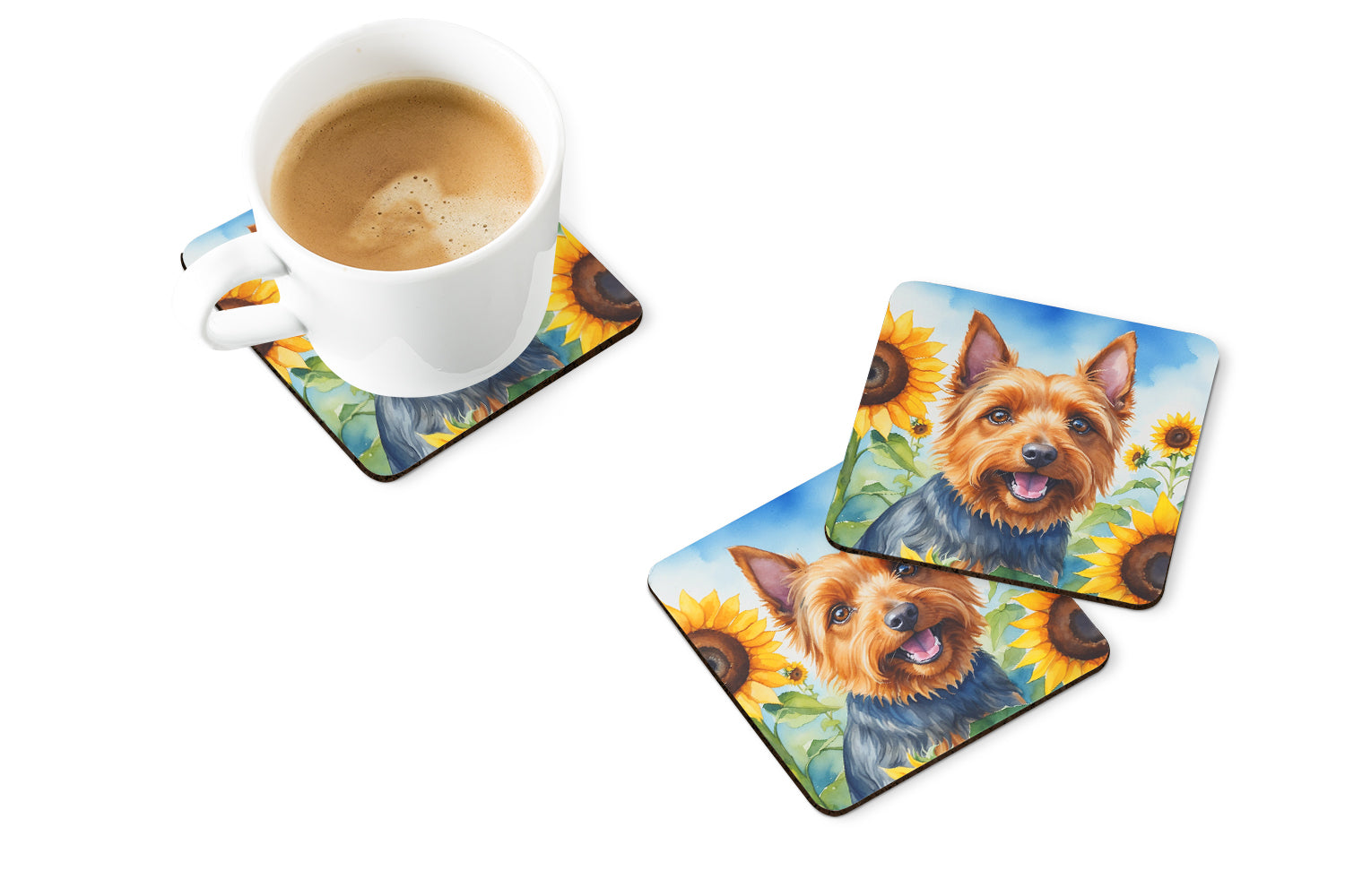 Australian Terrier in Sunflowers Foam Coasters