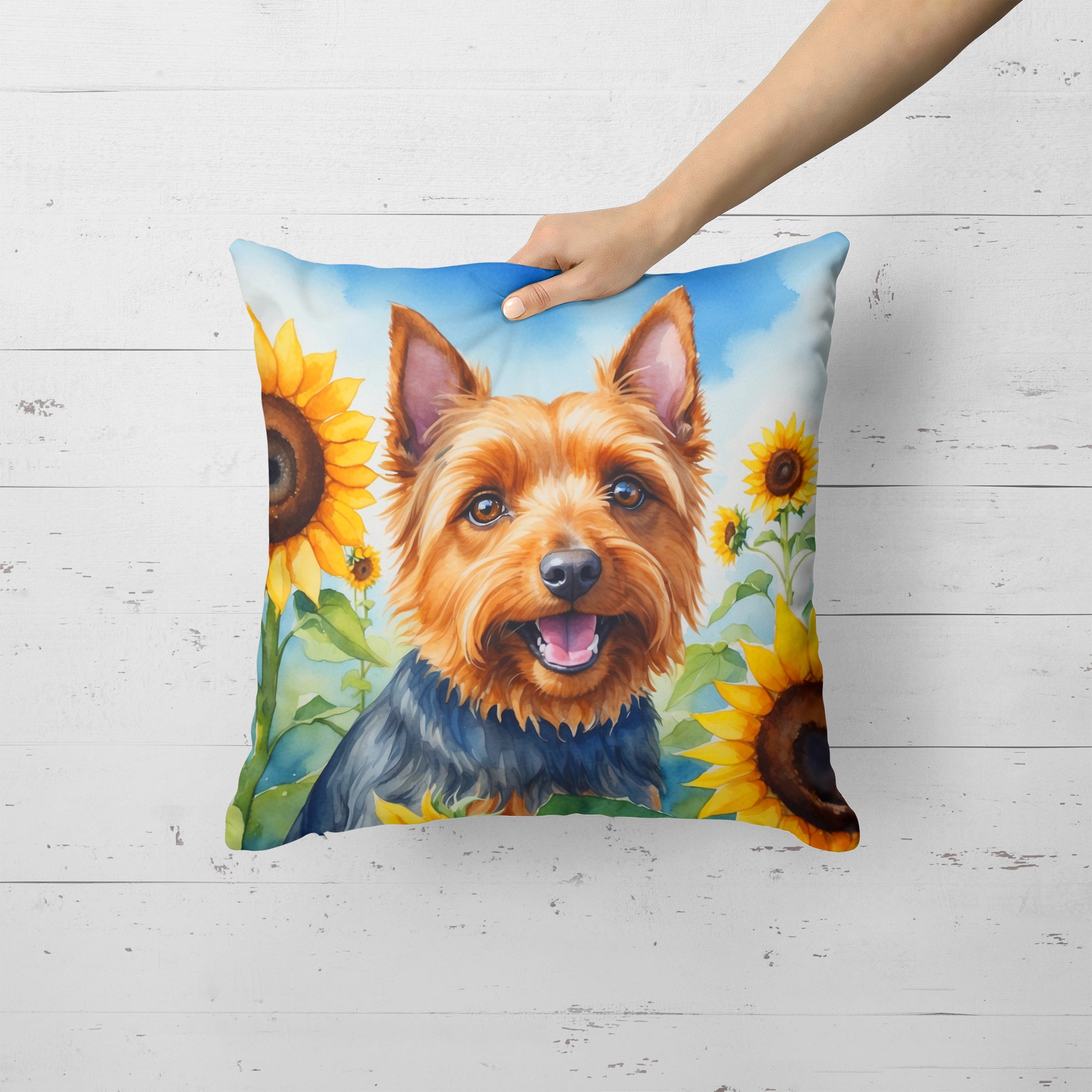 Buy this Australian Terrier in Sunflowers Throw Pillow