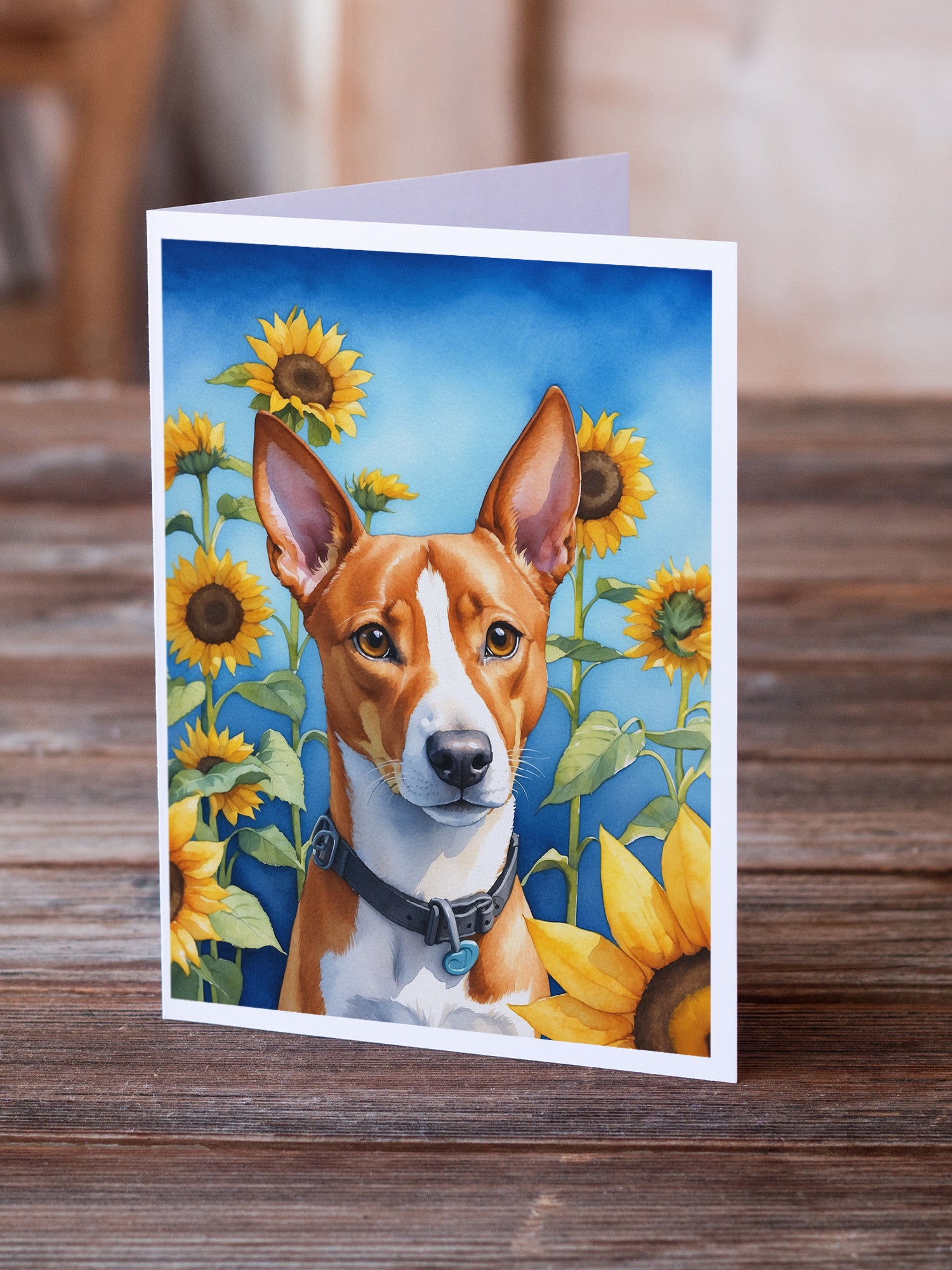 Basenji in Sunflowers Greeting Cards Pack of 8