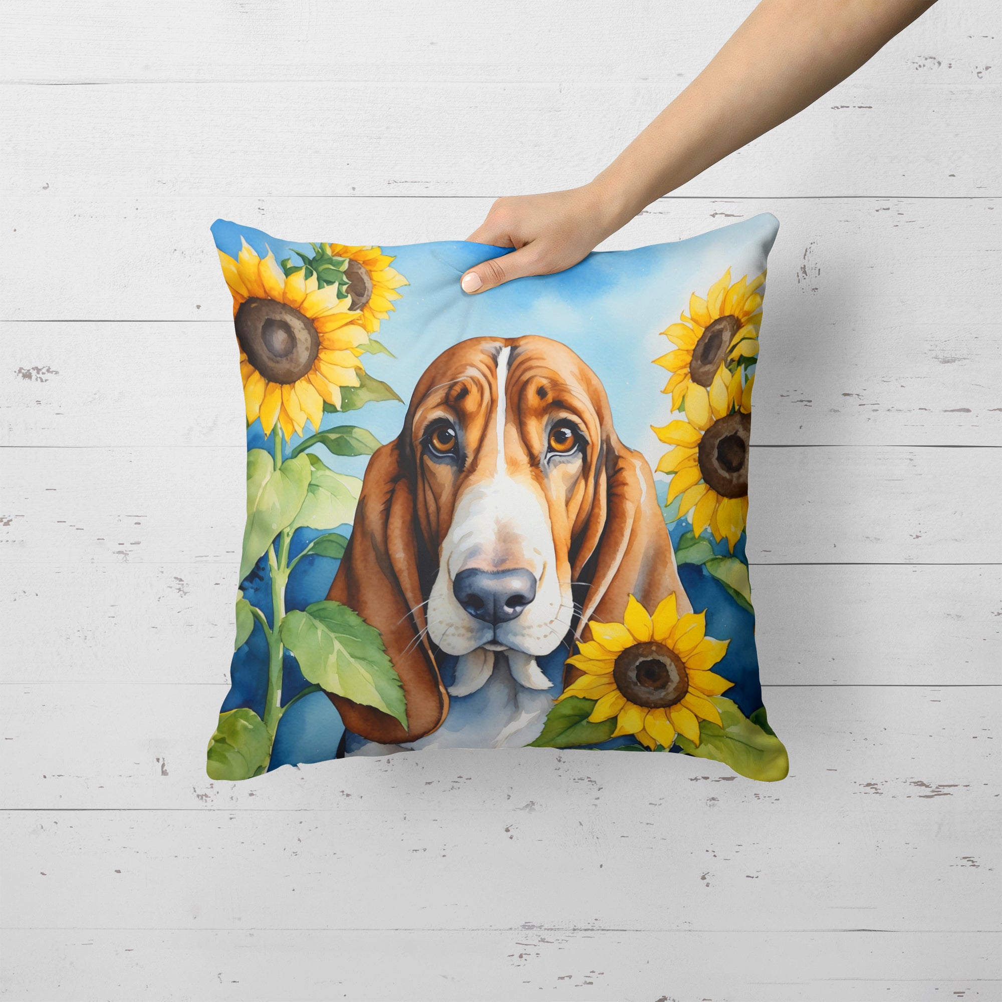 Basset Hound in Sunflowers Throw Pillow