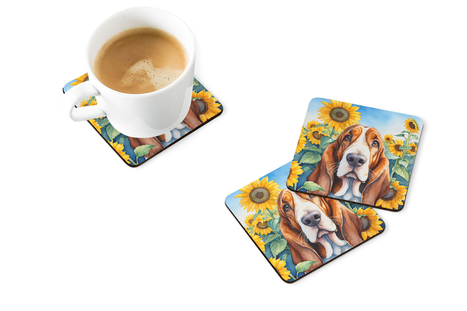 Buy this Basset Hound in Sunflowers Foam Coasters