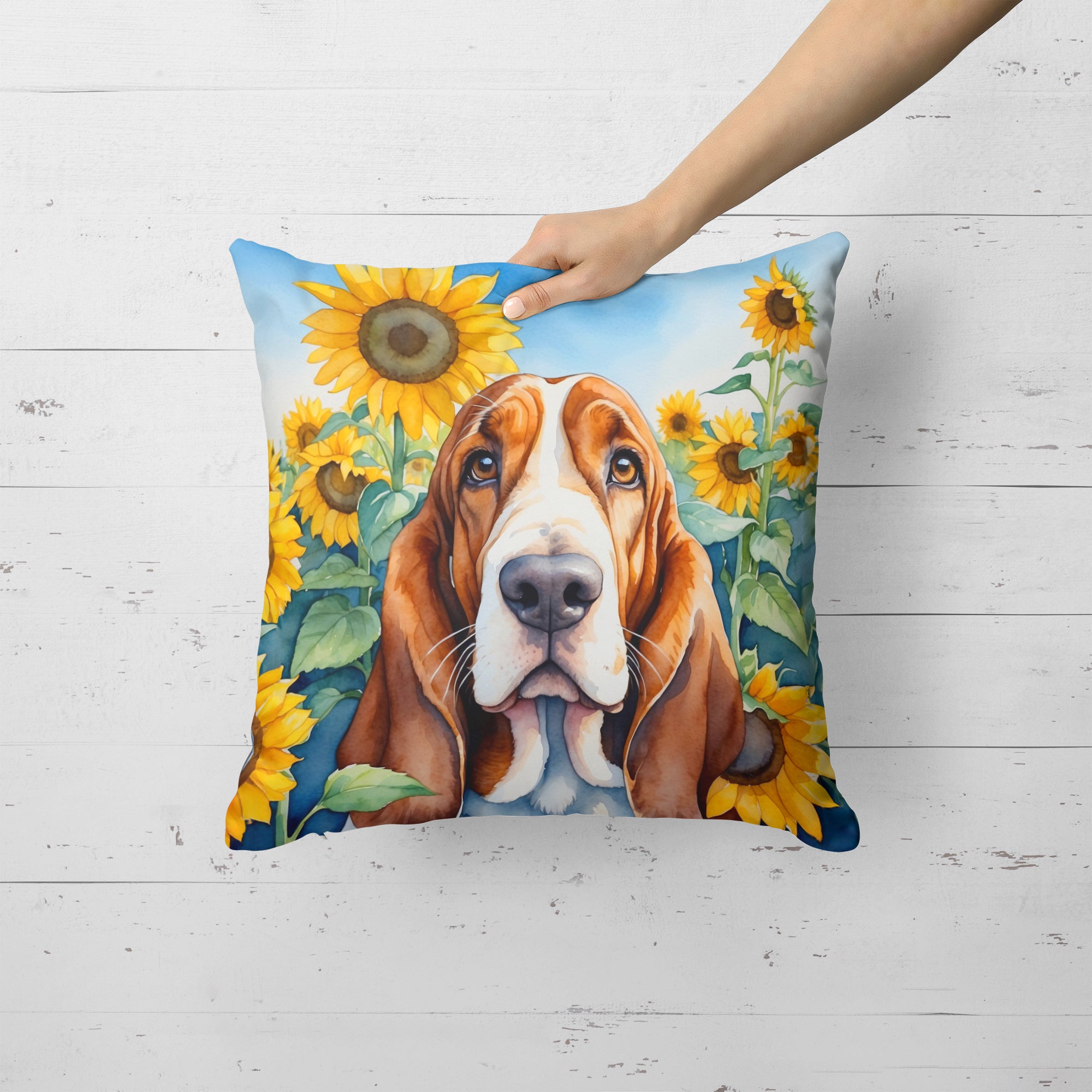 Buy this Basset Hound in Sunflowers Throw Pillow