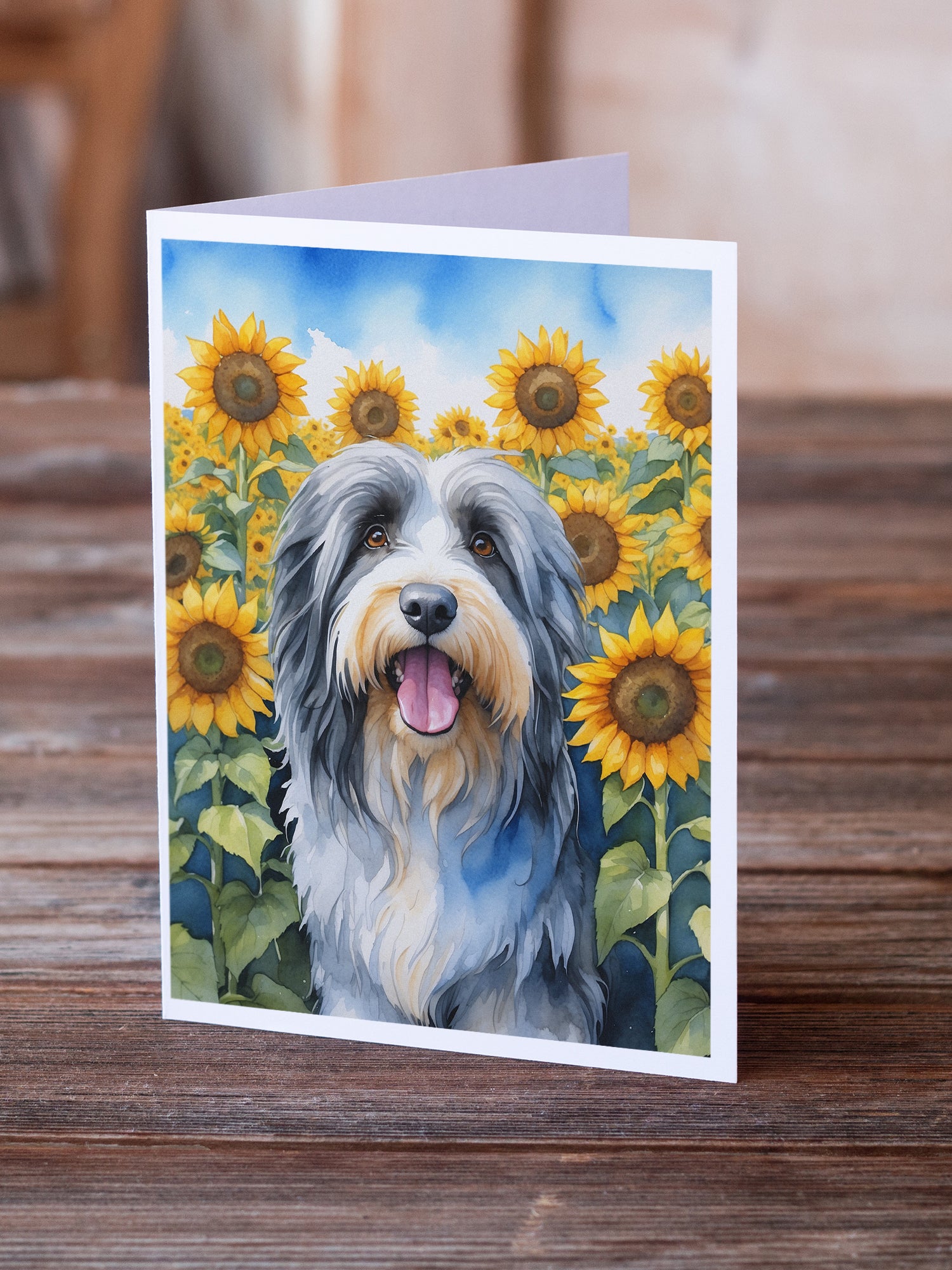 Bearded Collie in Sunflowers Greeting Cards Pack of 8