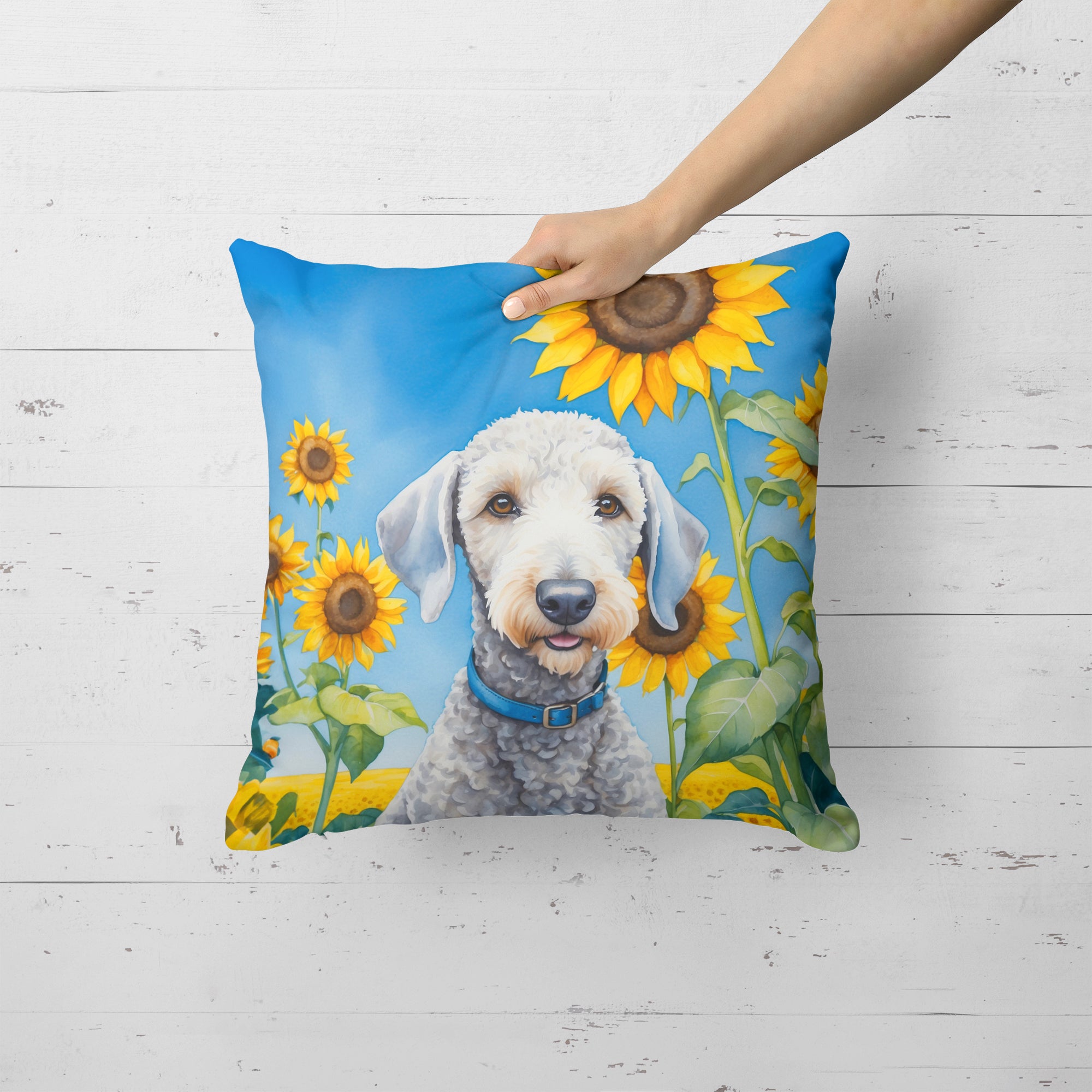 Bedlington Terrier in Sunflowers Throw Pillow