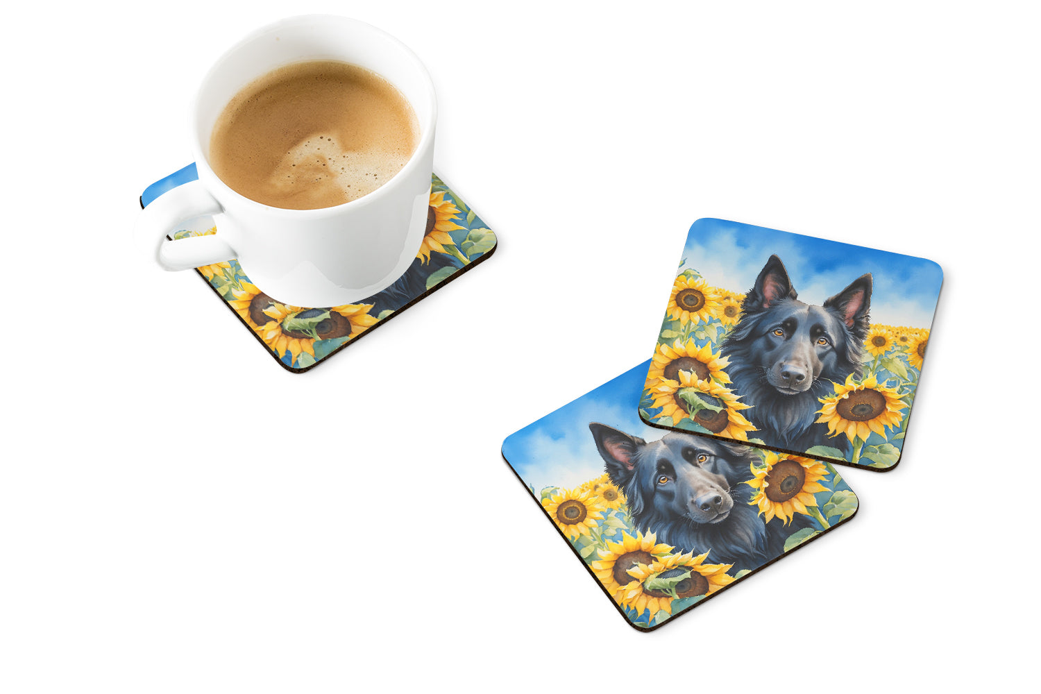 Buy this Belgian Sheepdog in Sunflowers Foam Coasters