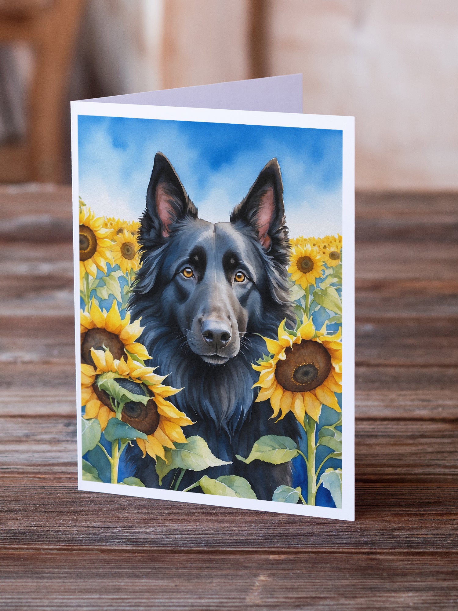 Belgian Sheepdog in Sunflowers Greeting Cards Pack of 8