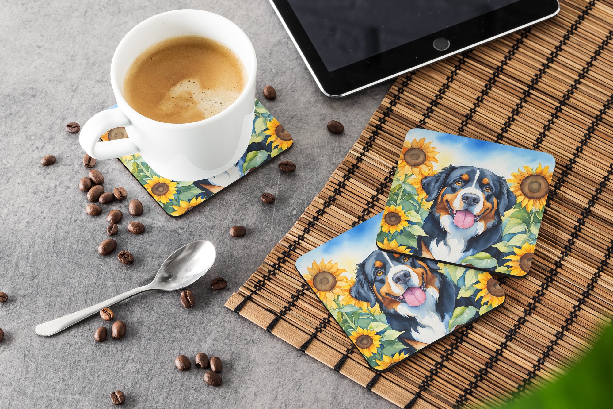 Bernese Mountain Dog in Sunflowers Foam Coasters