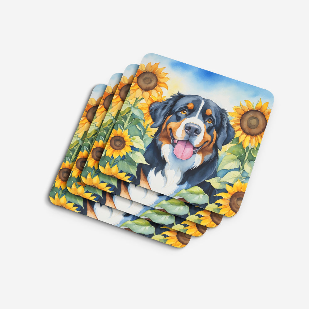 Bernese Mountain Dog in Sunflowers Foam Coasters