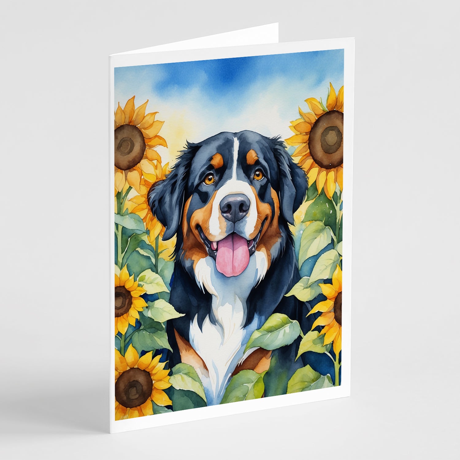 Buy this Bernese Mountain Dog in Sunflowers Greeting Cards Pack of 8