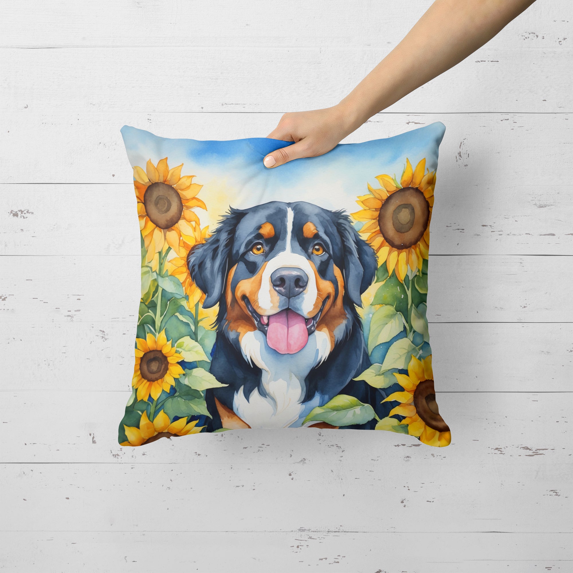 Buy this Bernese Mountain Dog in Sunflowers Throw Pillow