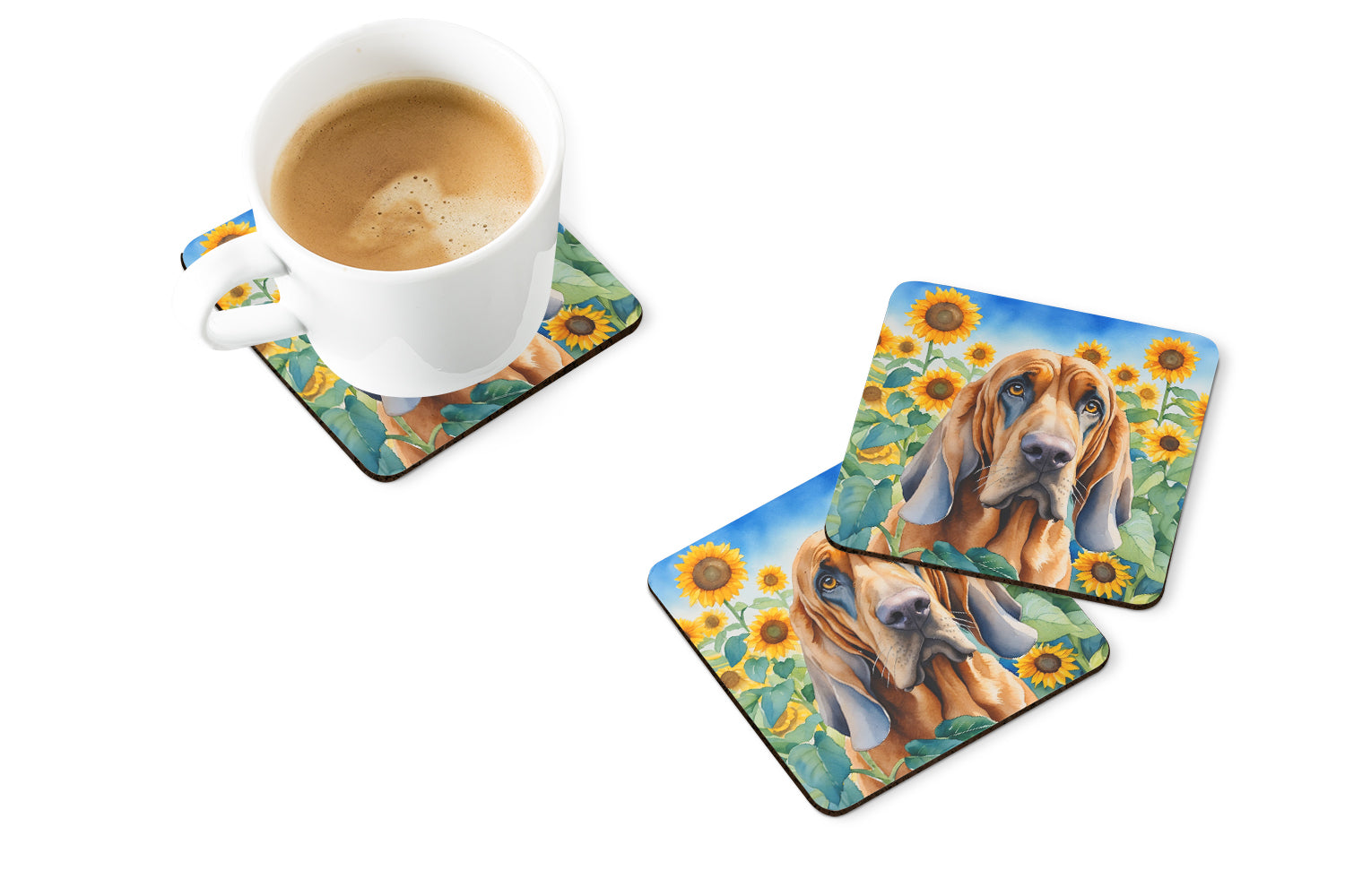 Buy this Bloodhound in Sunflowers Foam Coasters