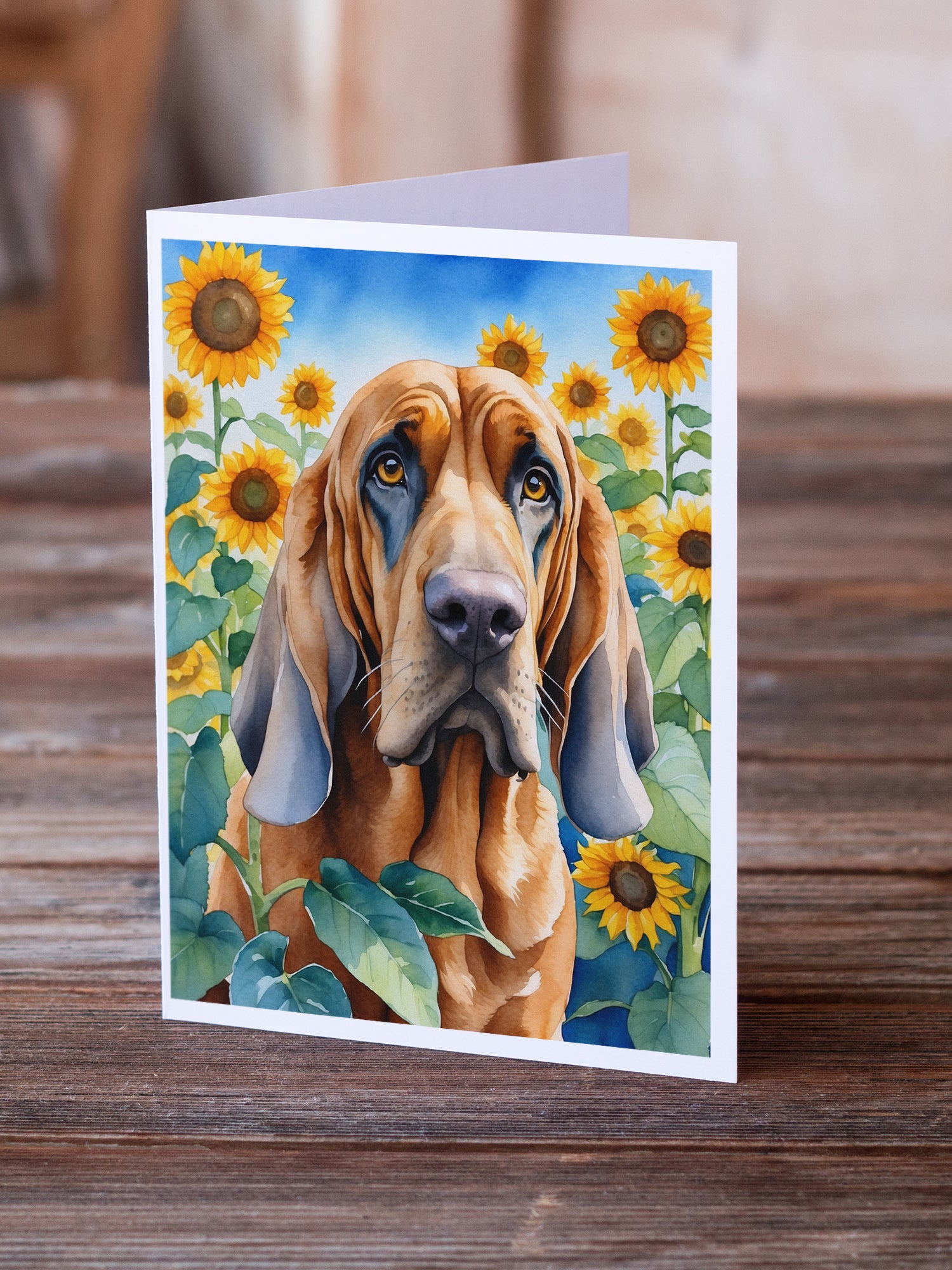 Bloodhound in Sunflowers Greeting Cards Pack of 8