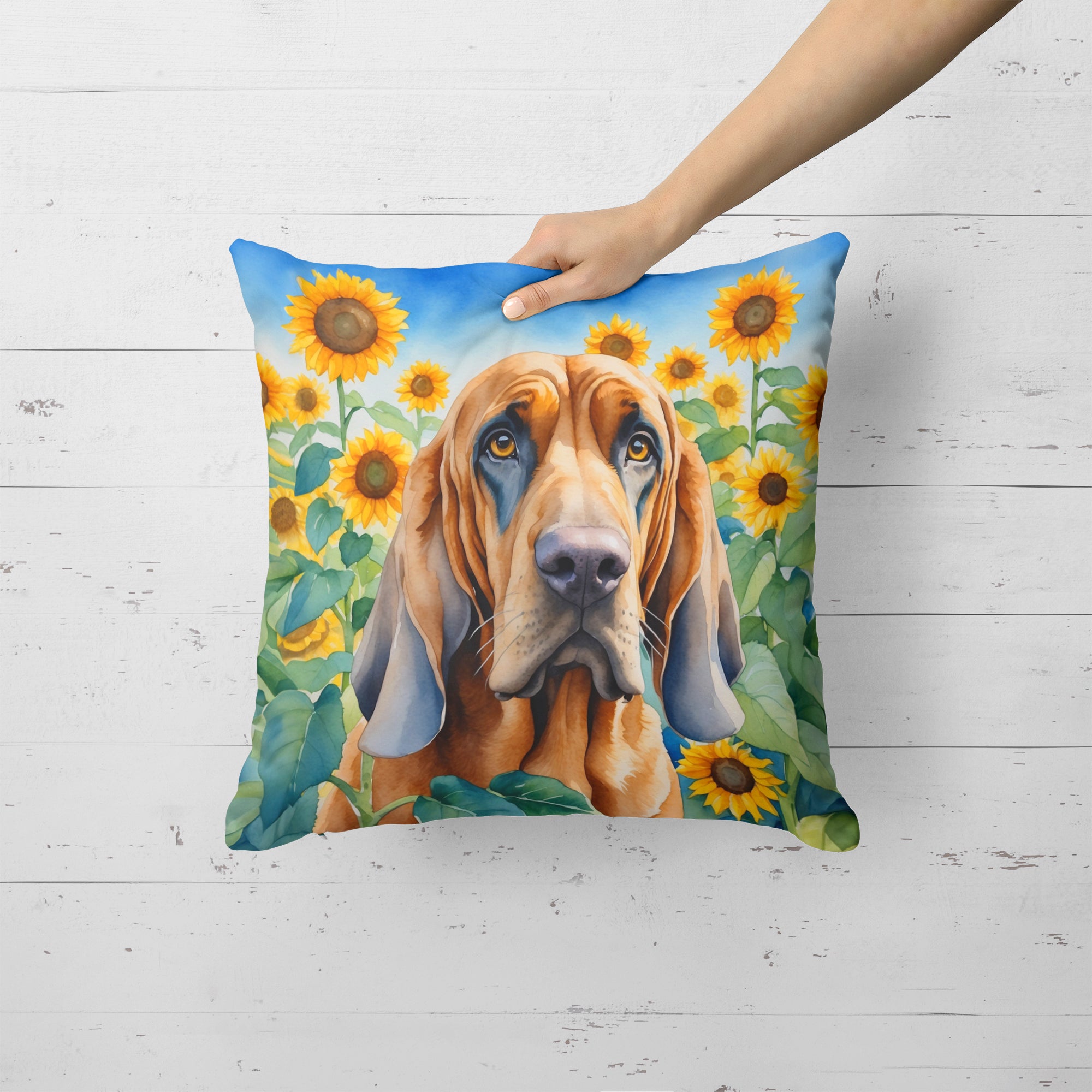 Buy this Bloodhound in Sunflowers Throw Pillow