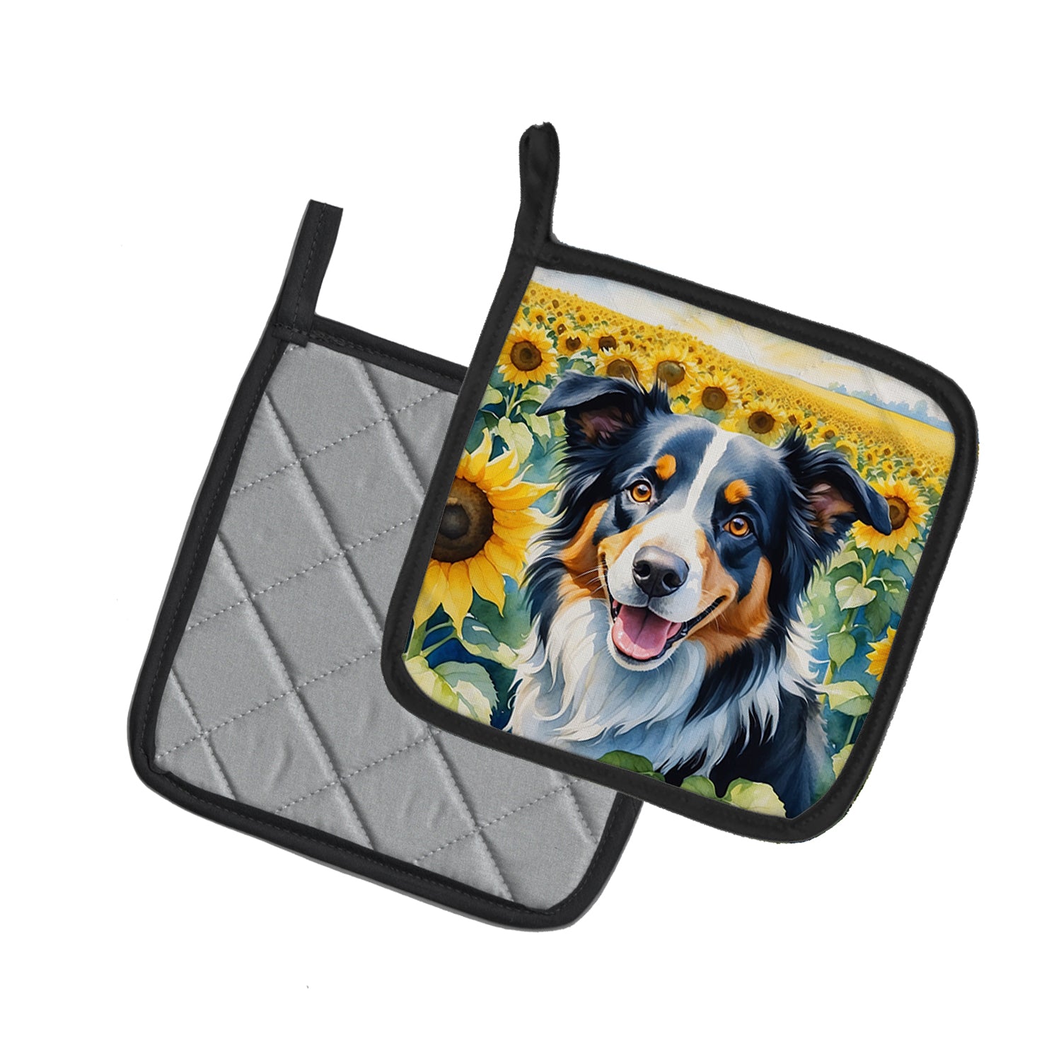 Border Collie in Sunflowers Pair of Pot Holders