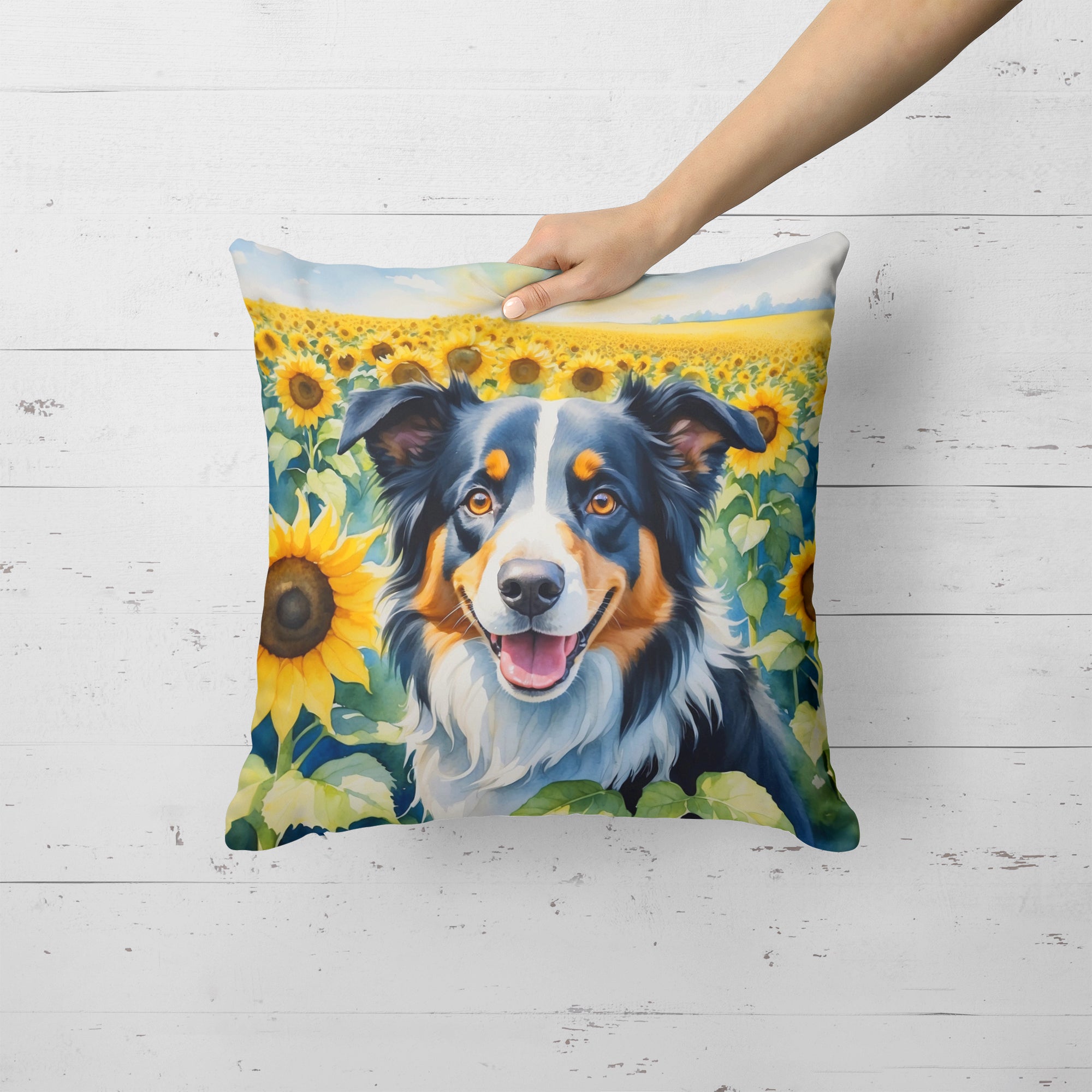 Buy this Border Collie in Sunflowers Throw Pillow