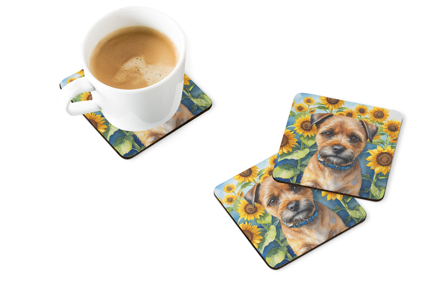 Border Terrier in Sunflowers Foam Coasters