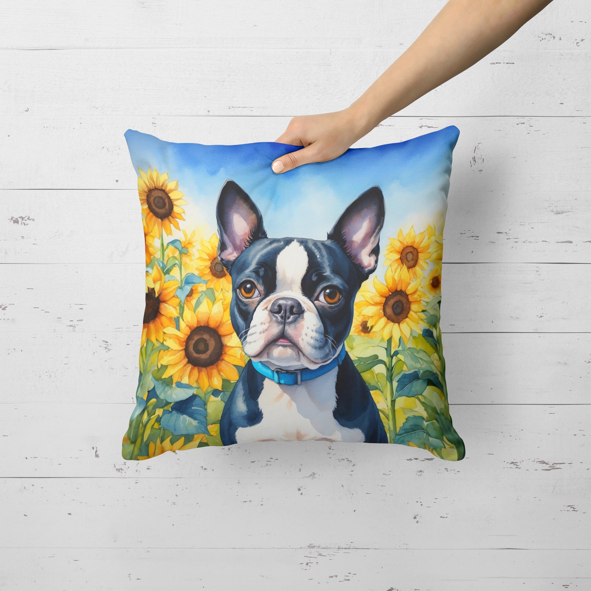 Buy this Boston Terrier in Sunflowers Throw Pillow