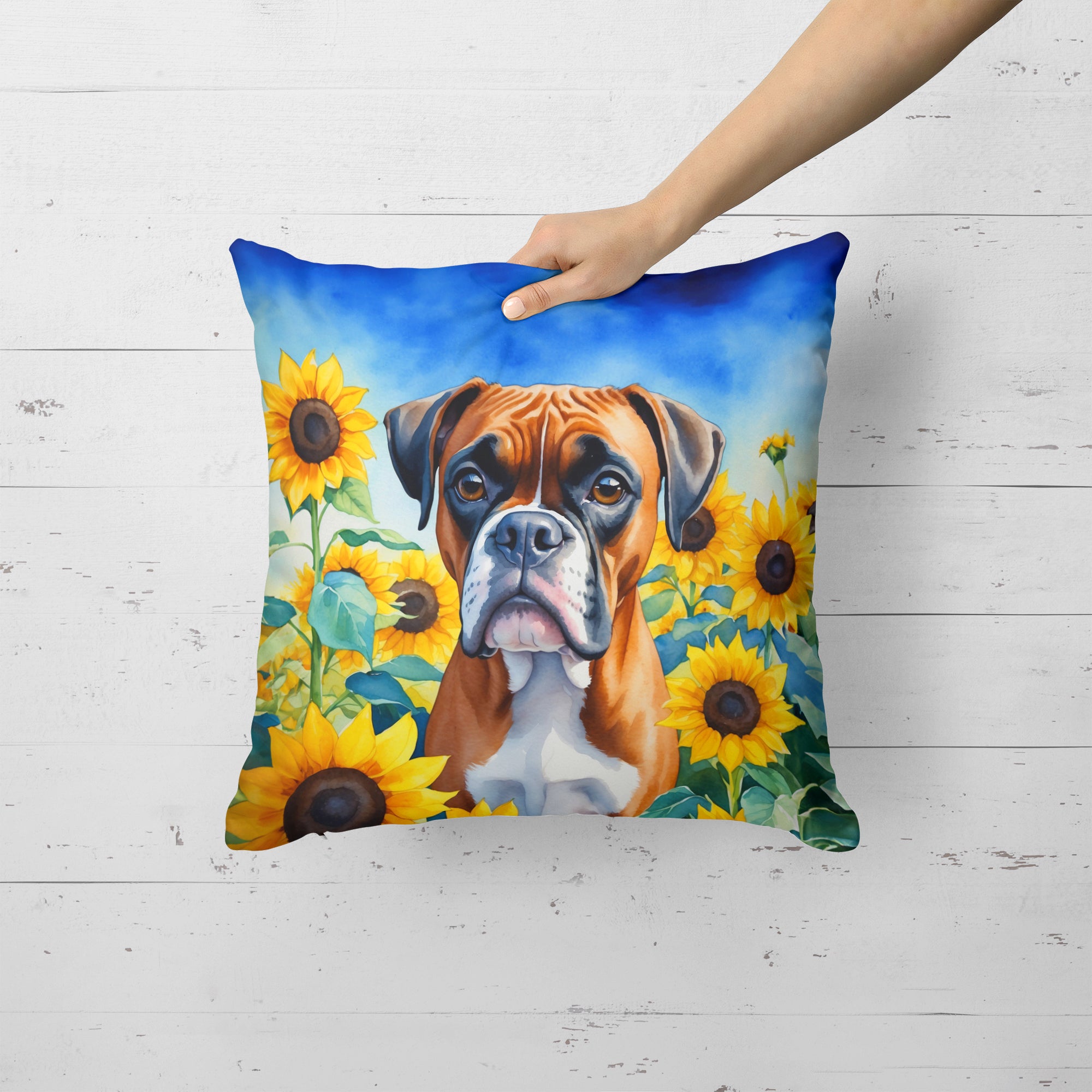 Buy this Boxer in Sunflowers Throw Pillow