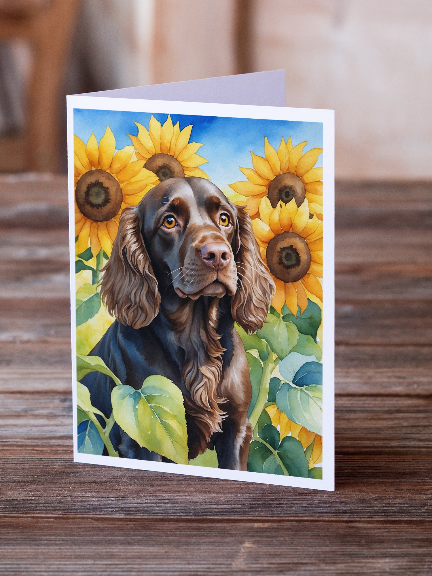 Boykin Spaniel in Sunflowers Greeting Cards Pack of 8