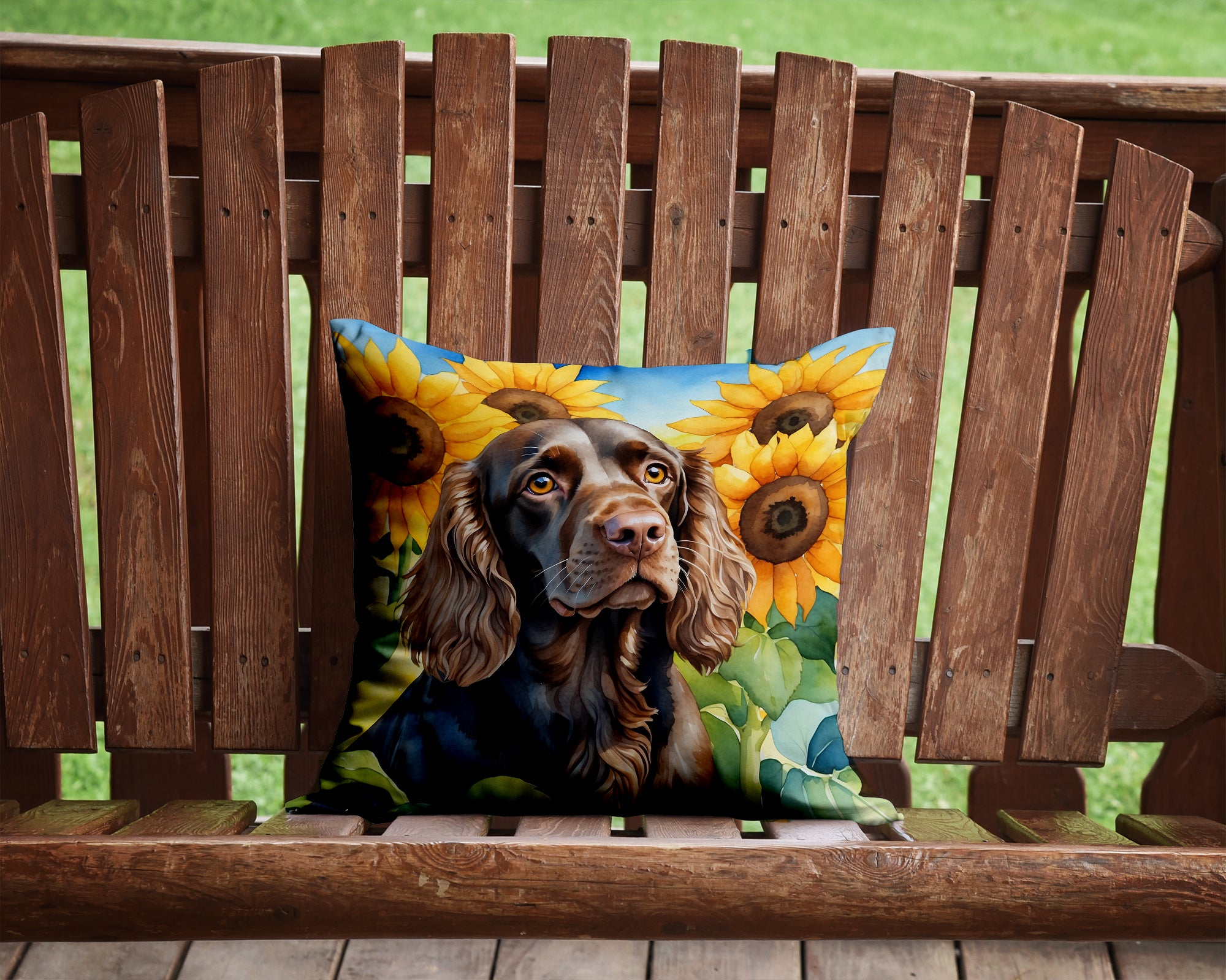 Buy this Boykin Spaniel in Sunflowers Throw Pillow
