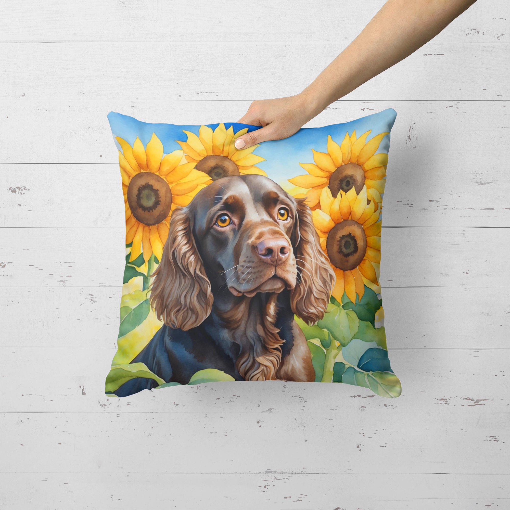 Boykin Spaniel in Sunflowers Throw Pillow