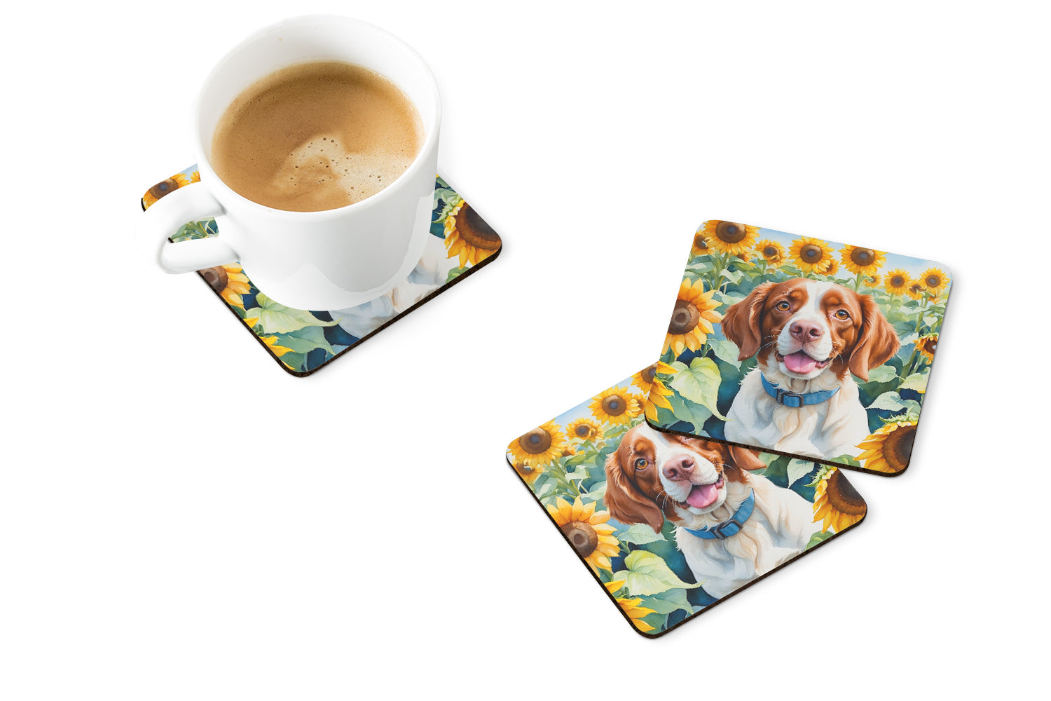 Buy this Brittany Spaniel in Sunflowers Foam Coasters