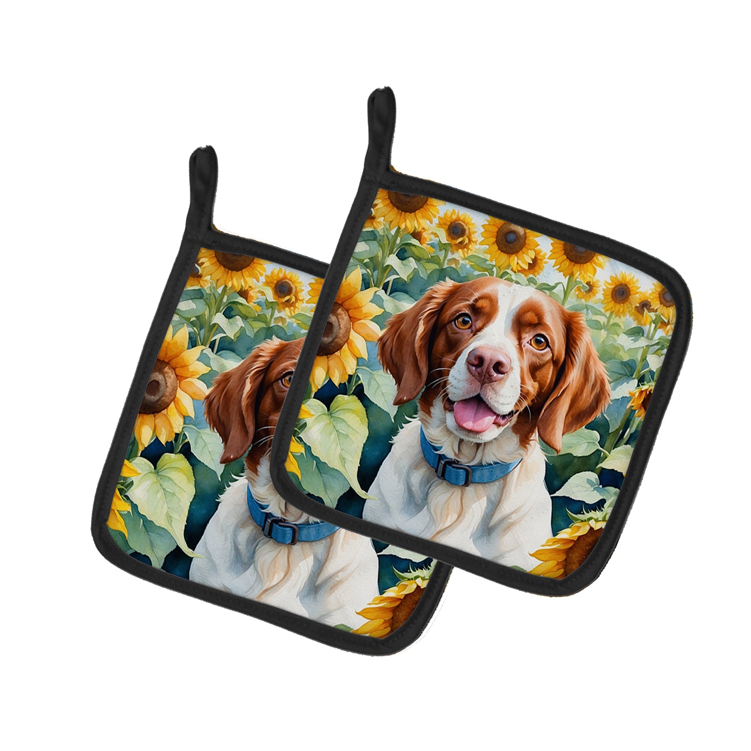 Buy this Brittany Spaniel in Sunflowers Pair of Pot Holders