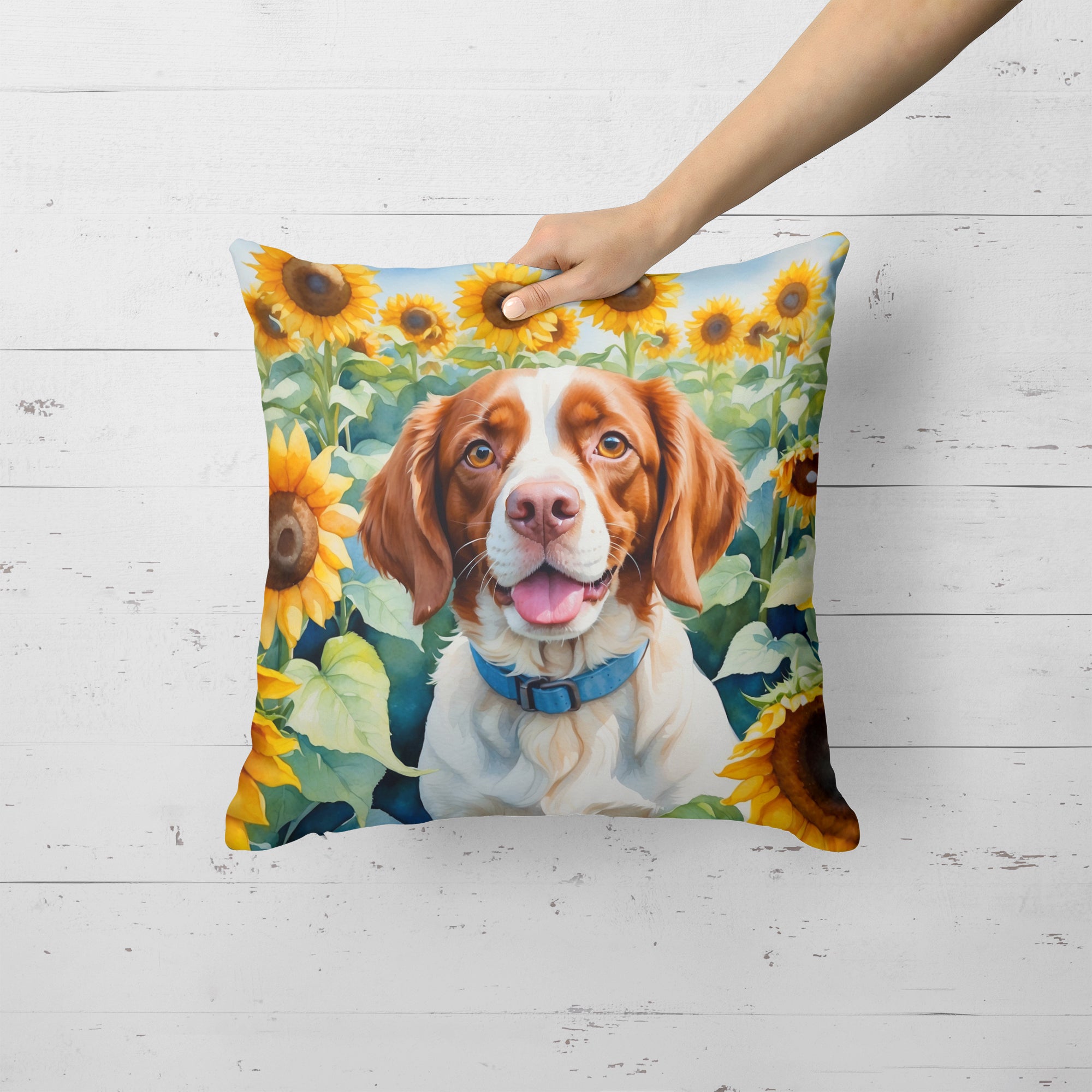 Buy this Brittany Spaniel in Sunflowers Throw Pillow