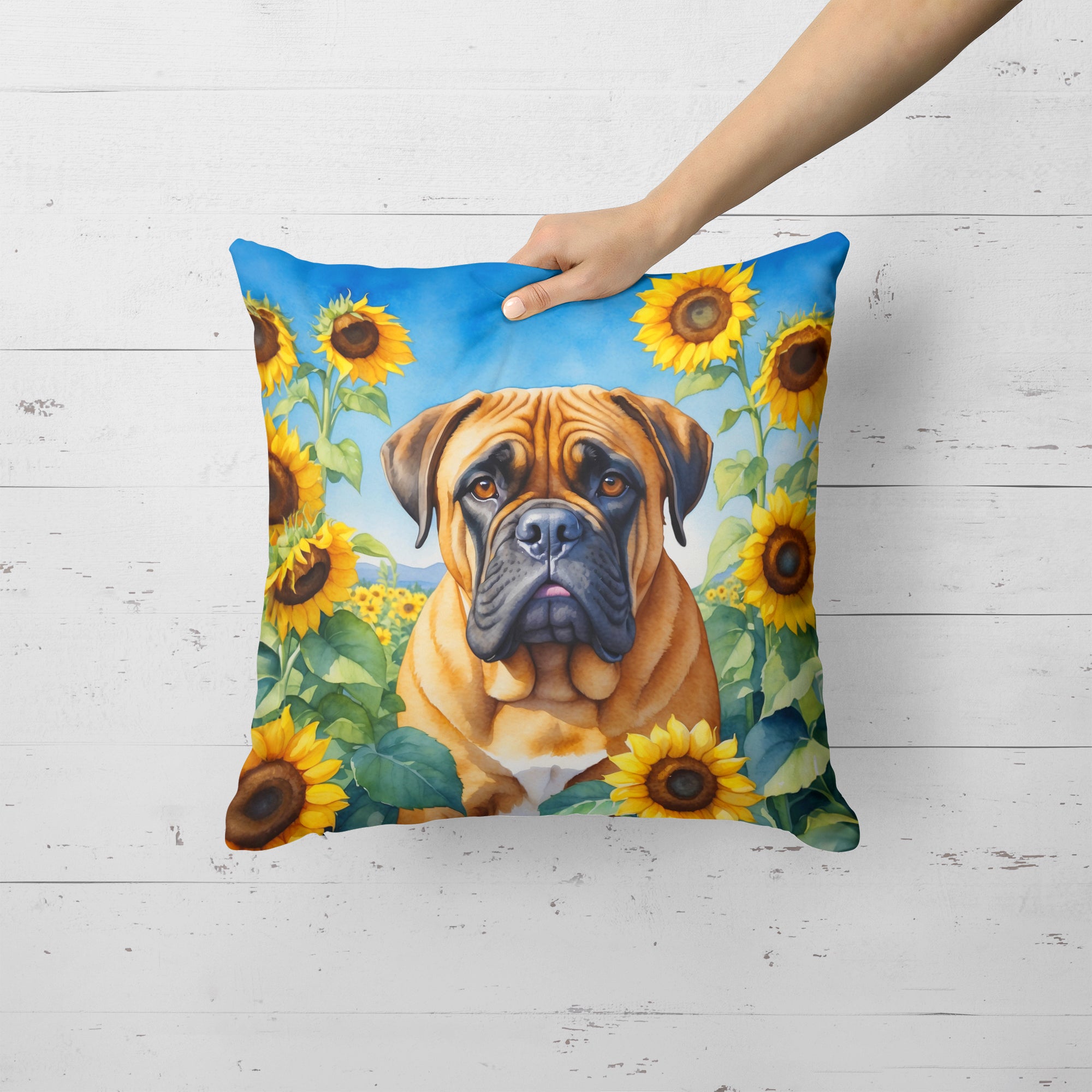 Buy this Bullmastiff in Sunflowers Throw Pillow