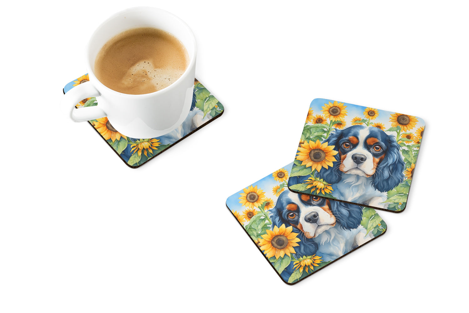 Buy this Cavalier Spaniel in Sunflowers Foam Coasters