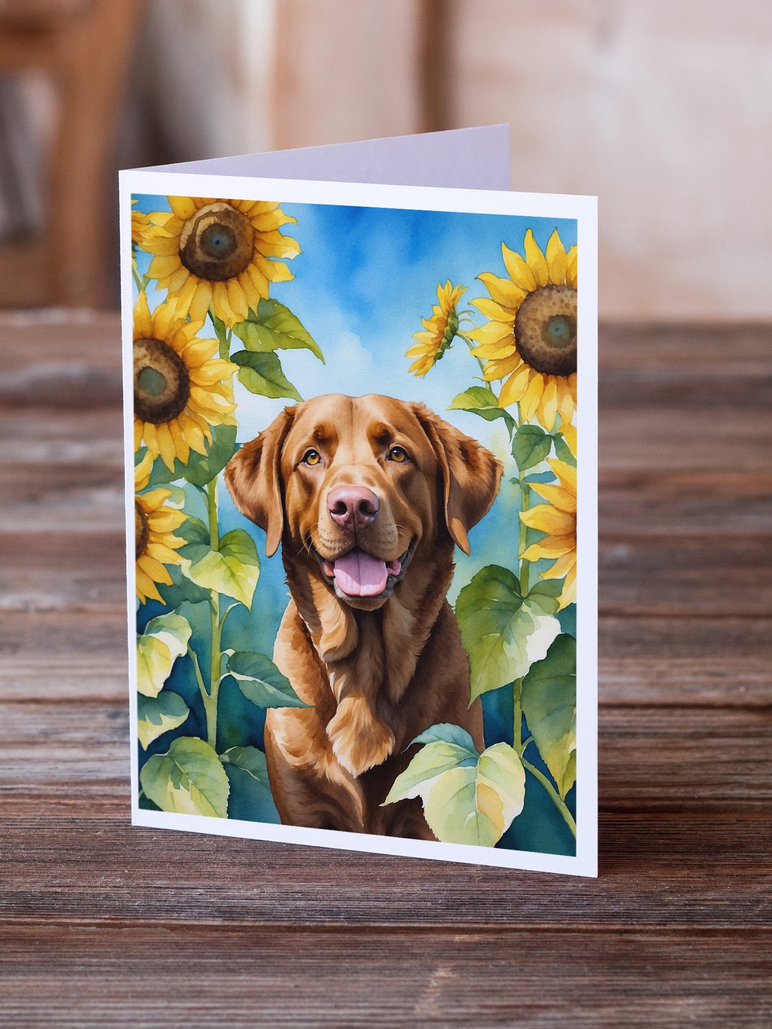 Chesapeake Bay Retriever in Sunflowers Greeting Cards Pack of 8