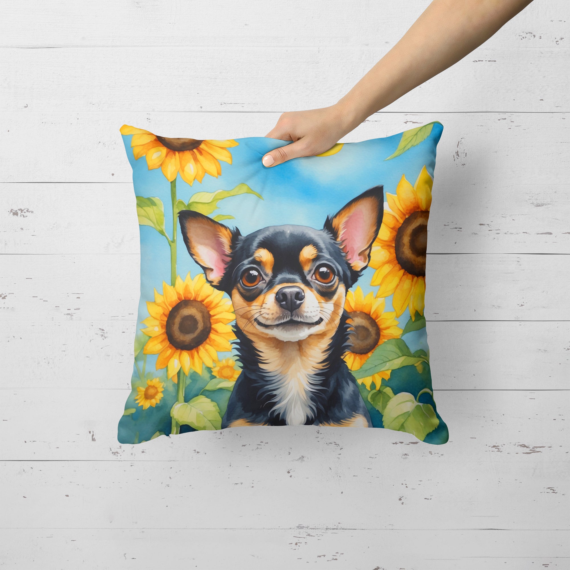 Buy this Chihuahua in Sunflowers Throw Pillow