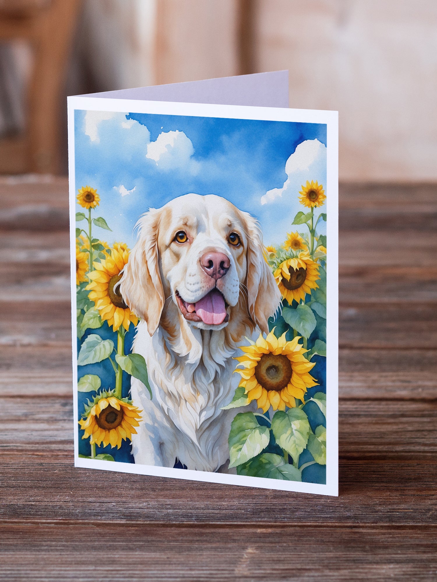 Clumber Spaniel in Sunflowers Greeting Cards Pack of 8