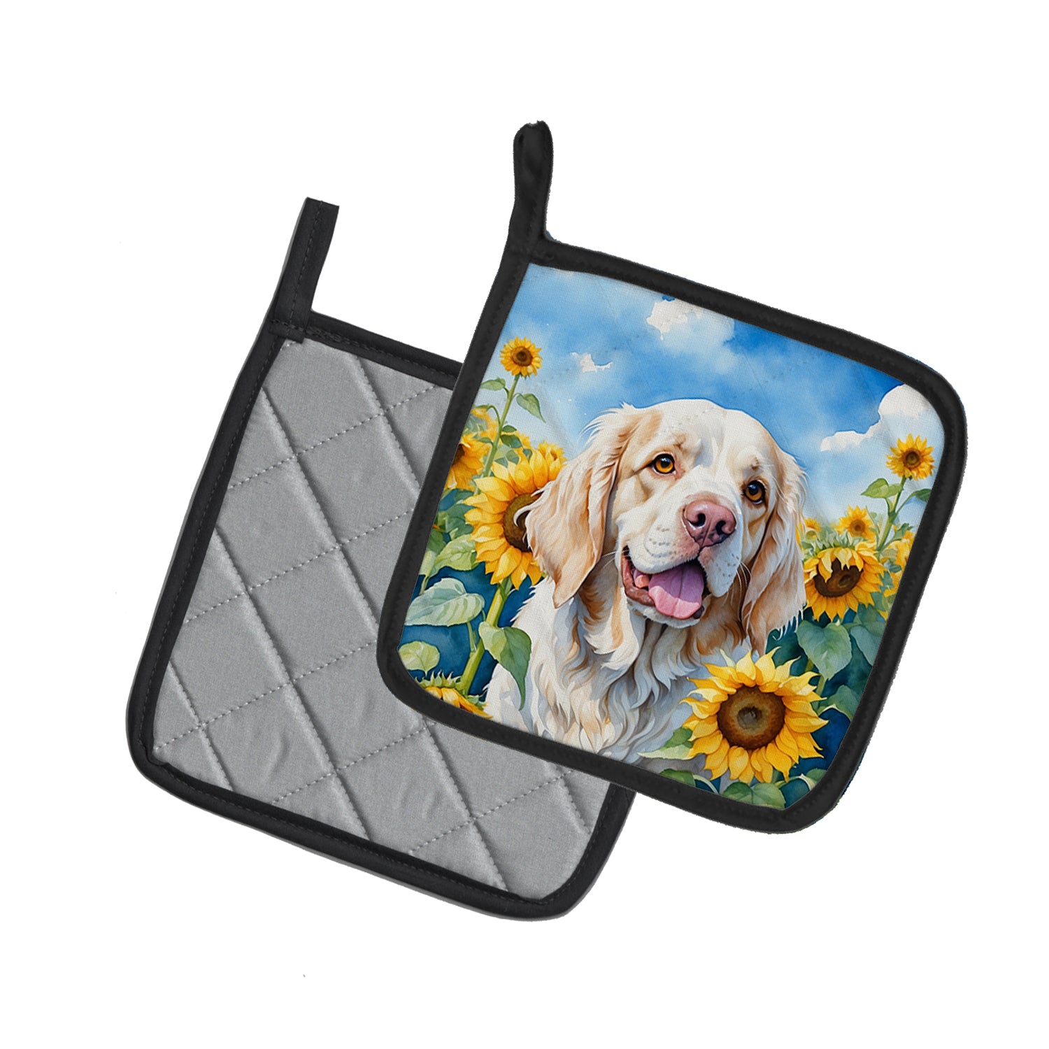 Clumber Spaniel in Sunflowers Pair of Pot Holders