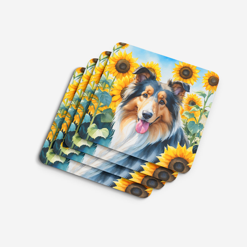 Collie in Sunflowers Foam Coasters