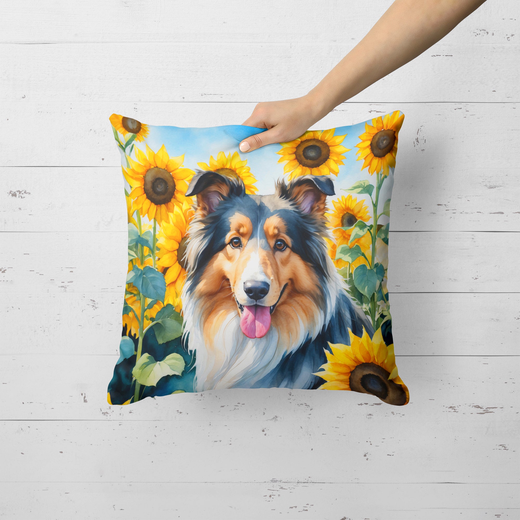 Buy this Collie in Sunflowers Throw Pillow