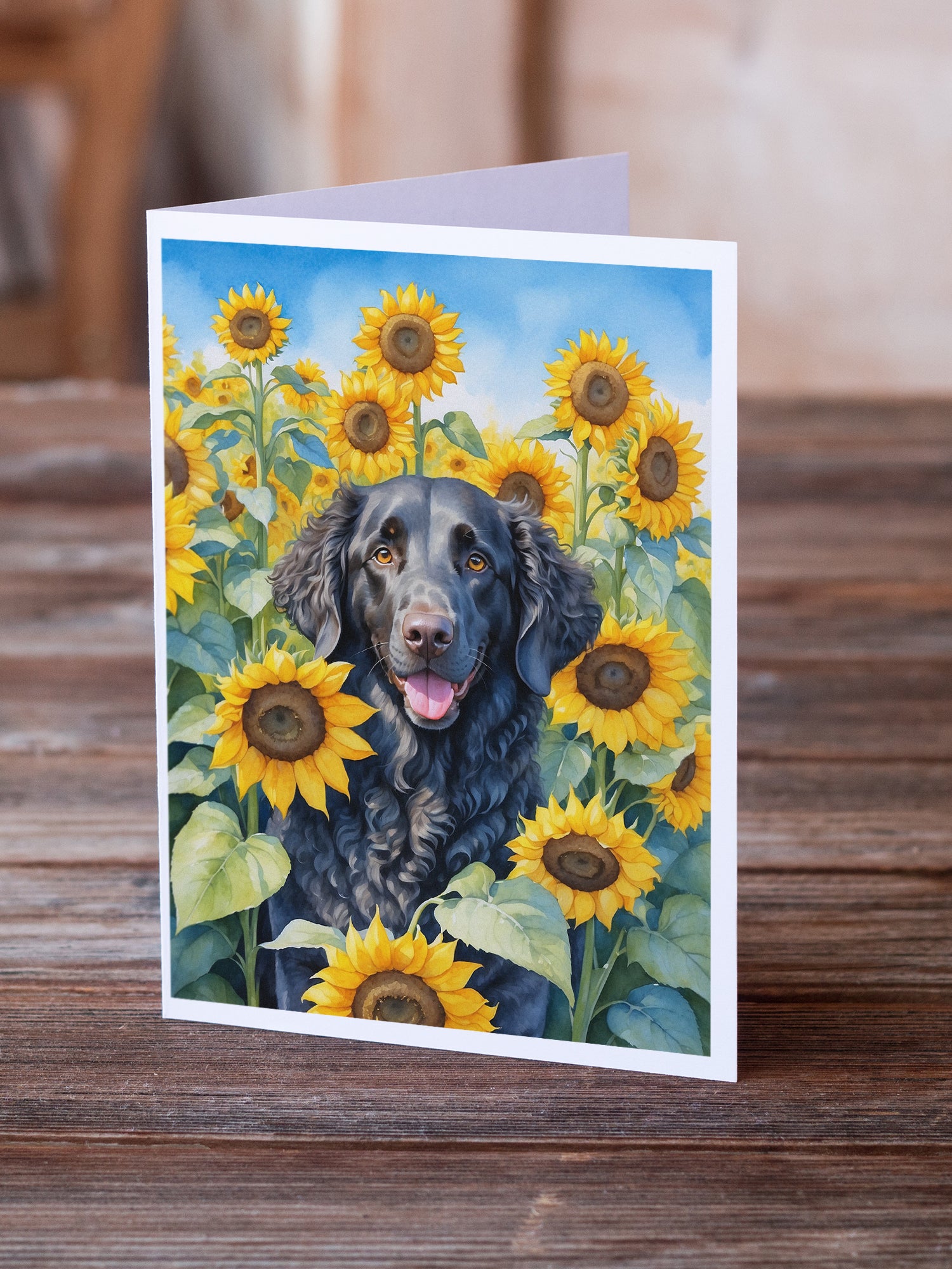 Buy this Curly-Coated Retriever in Sunflowers Greeting Cards Pack of 8