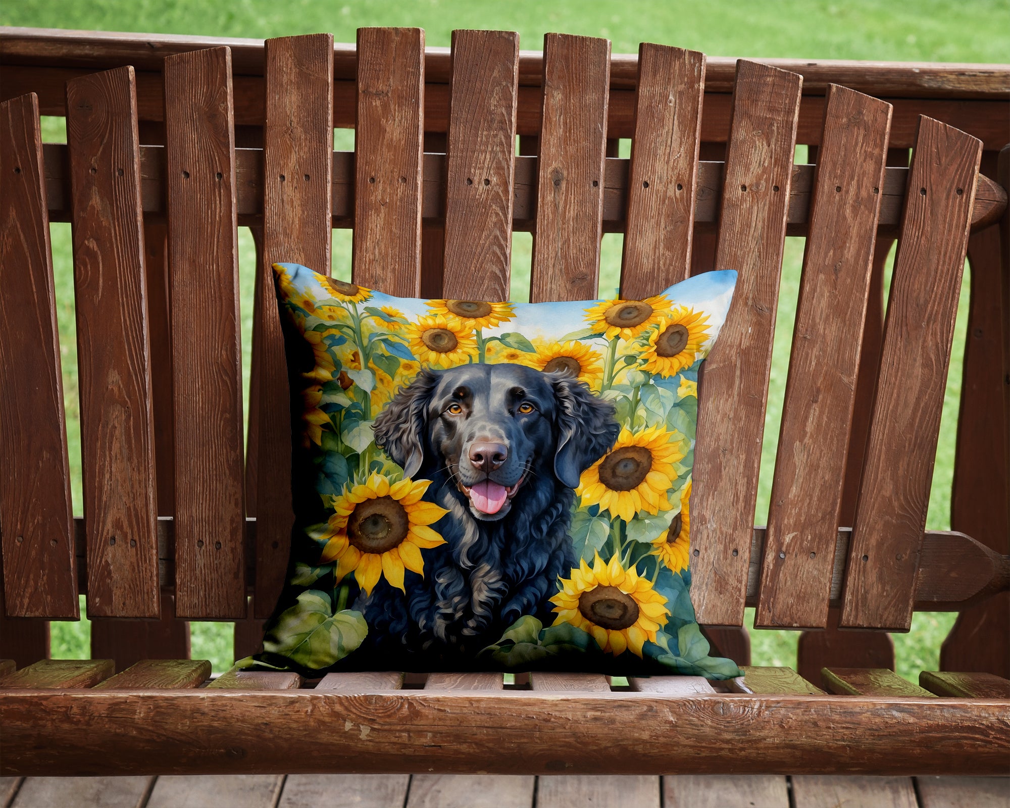 Buy this Curly-Coated Retriever in Sunflowers Throw Pillow