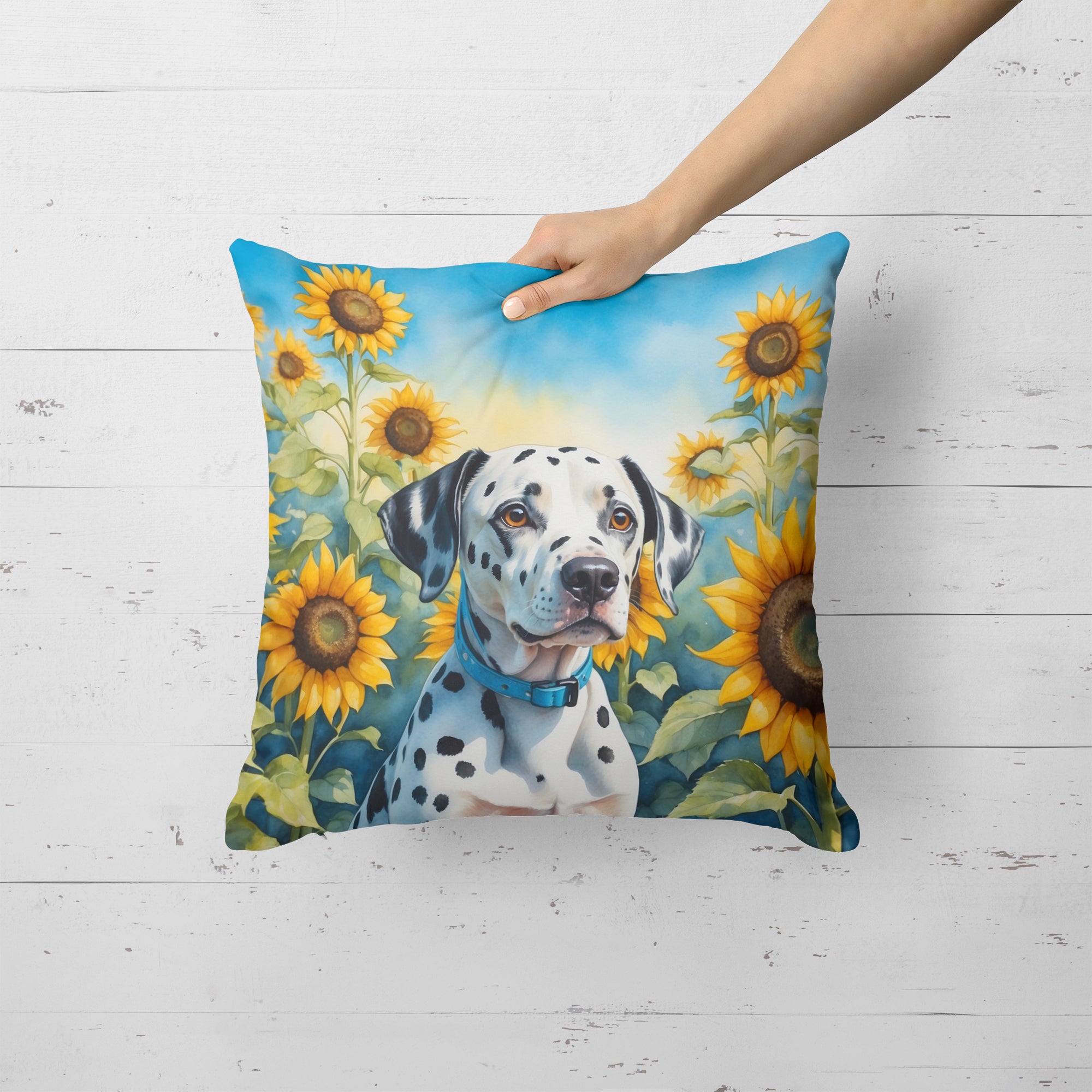 Dalmatian in Sunflowers Throw Pillow