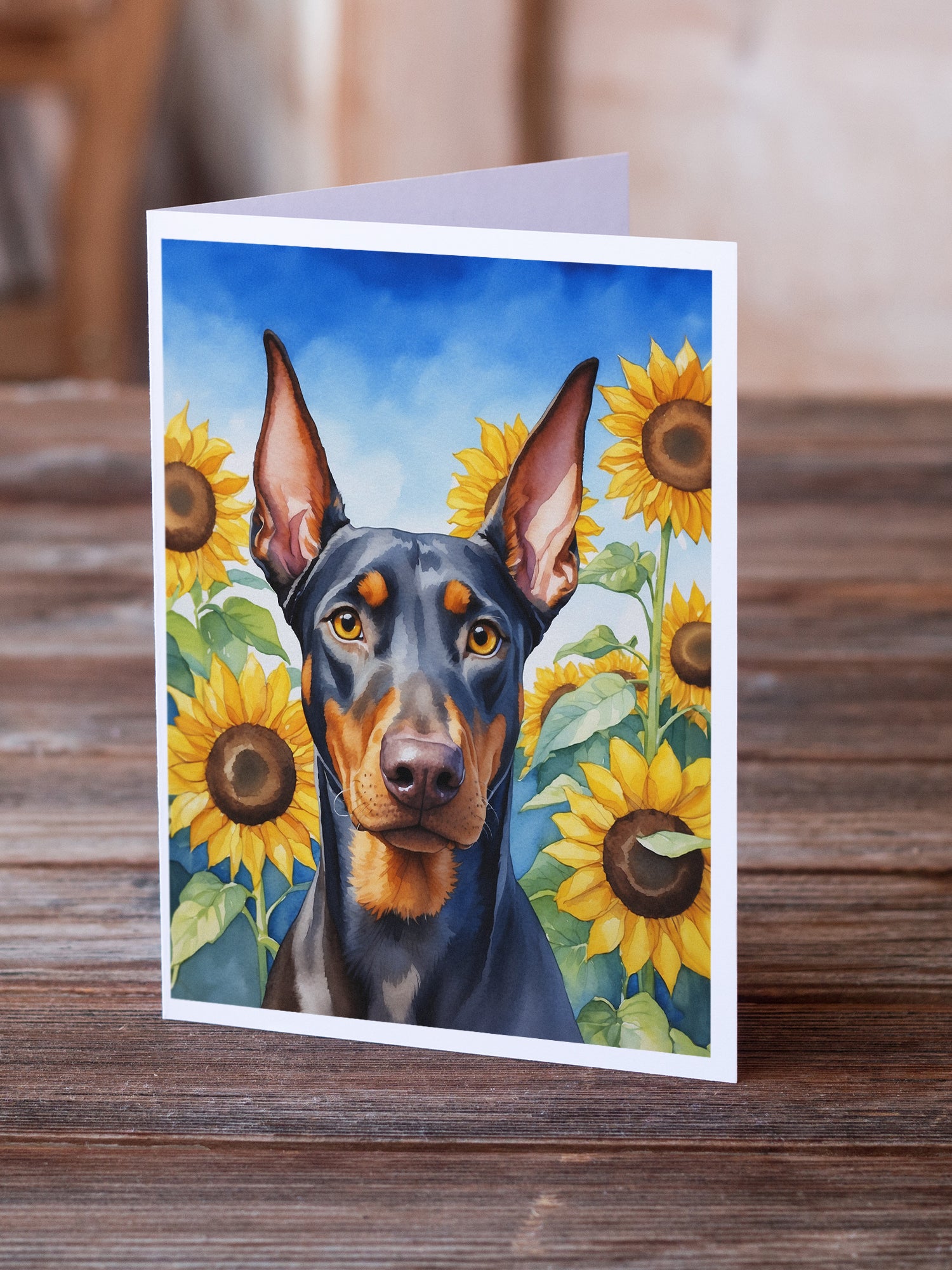 Buy this Doberman Pinscher in Sunflowers Greeting Cards Pack of 8